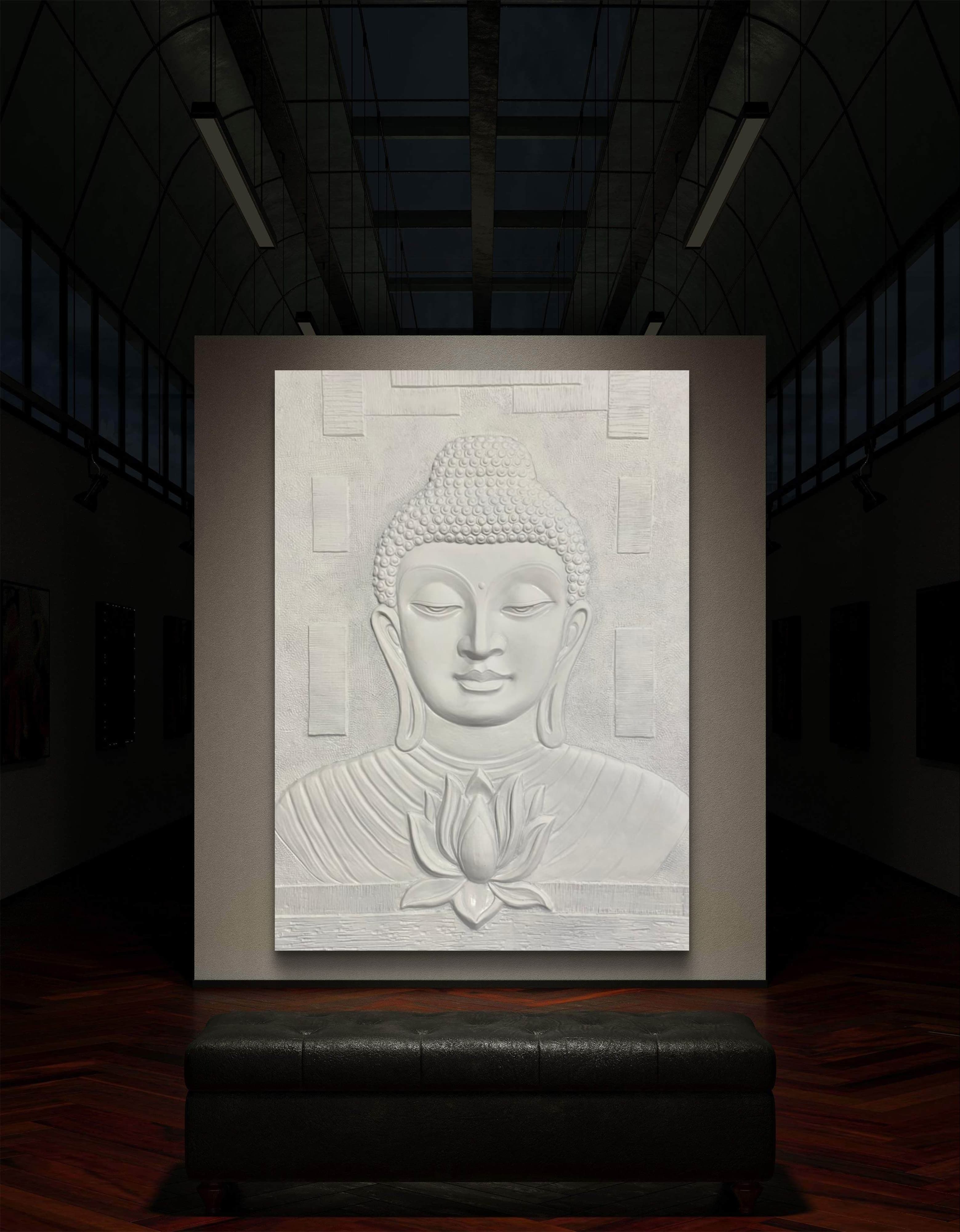 3D elevation Buddha art with symbolic lotus flower, ideal centerpiece for a workspace or living area