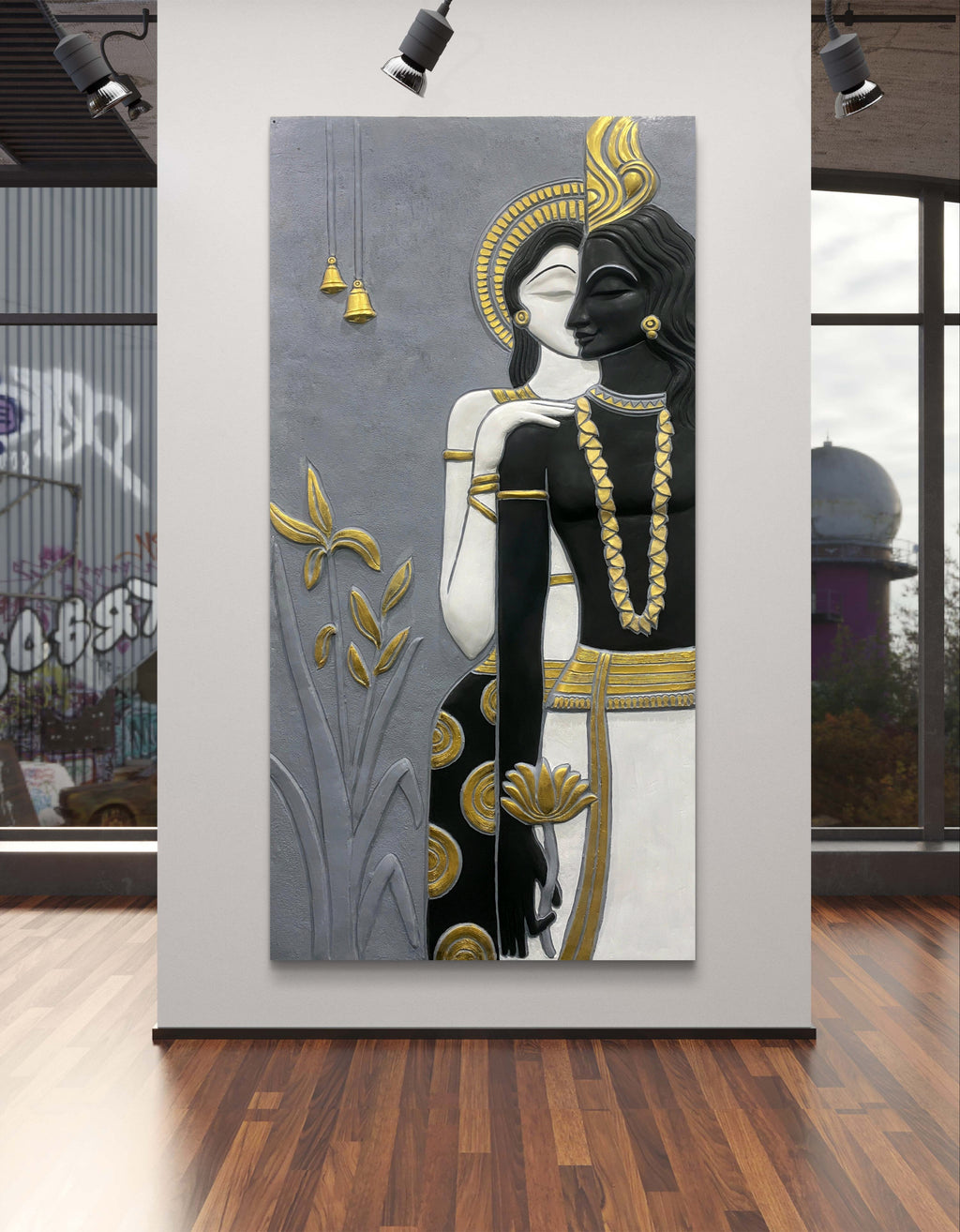 7x3.5 Feet | Abstract Radha Krishna 3D Elevation Sculpture Mural Wall Art | Divine Love & Spiritual Déco | Ready-to-Hang | Handmade Relief Artwork
