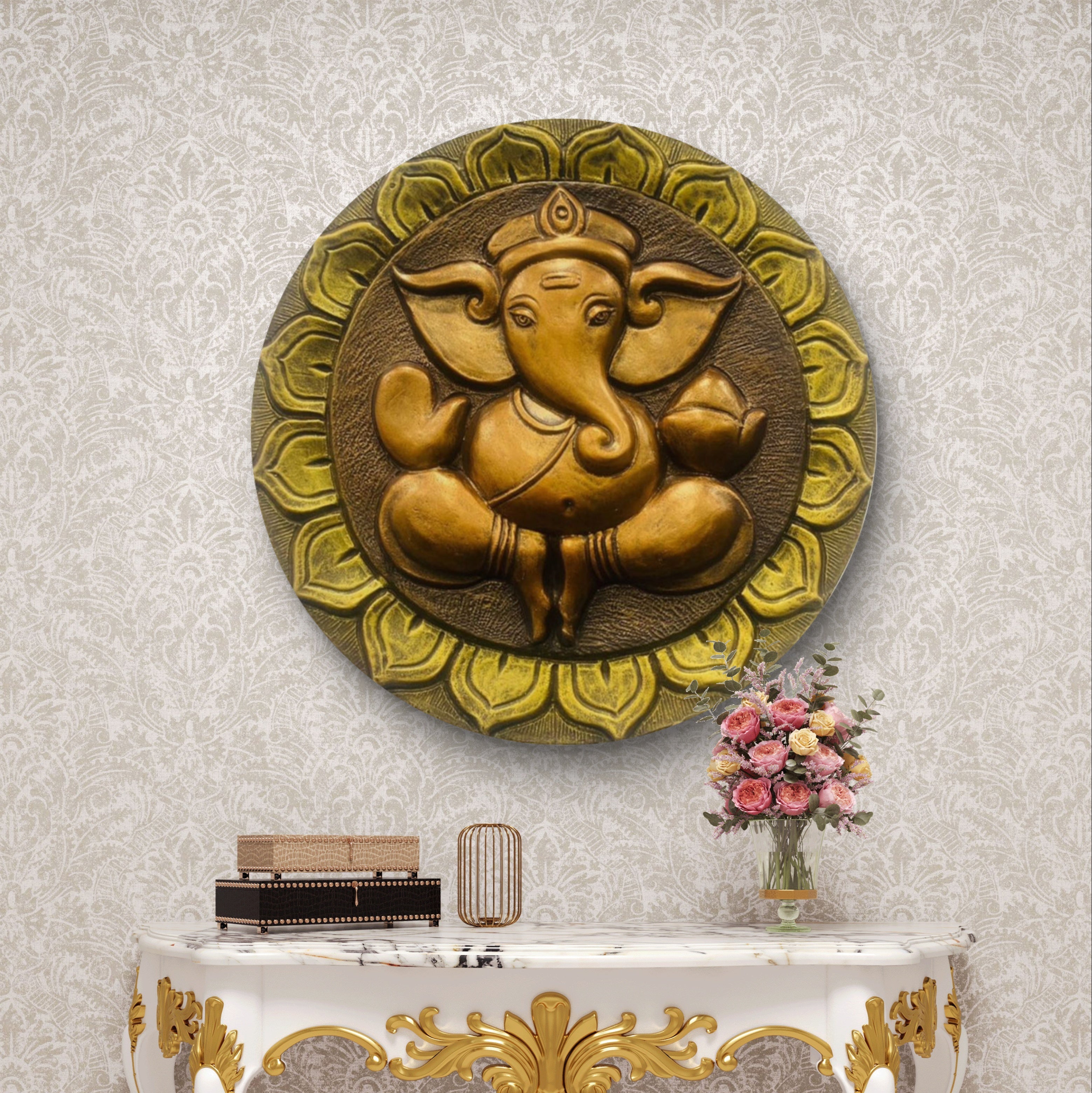 21x21 Inches | Handcrafted Lord Ganesha Round Relief Mural | Divine Wall Art | Ready to Hang