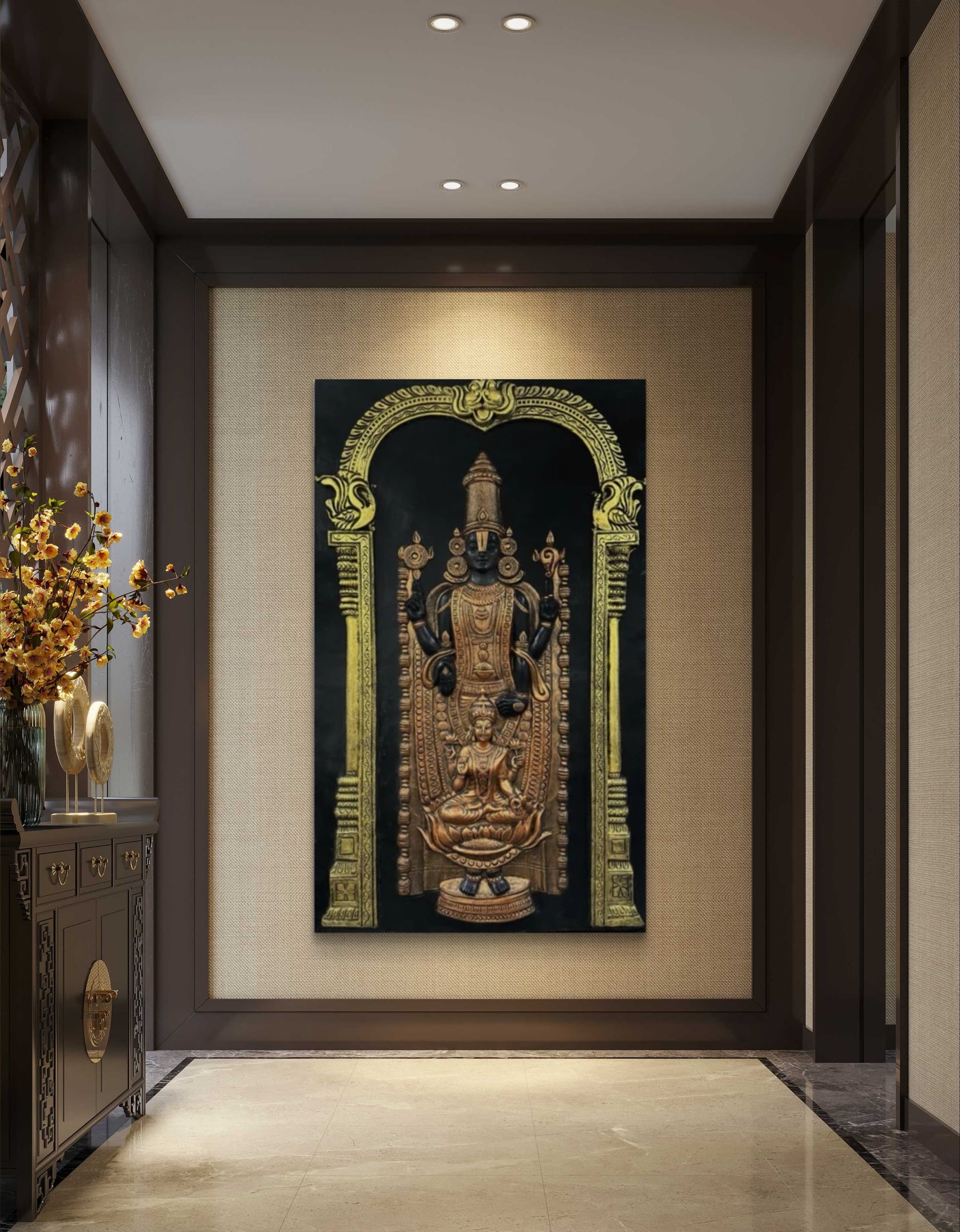 5x3 | Tirupati Balaji with Goddess Lakshmi 3D Relief Mural | Divine Wall Art for Home & Temple
