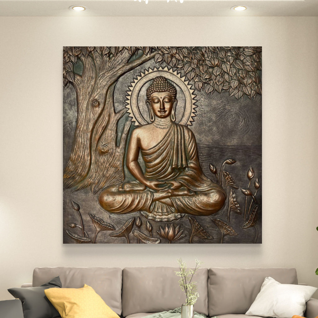 Large Size: Buddha Under the Tree 3D Relief Mural – Handmade Wall Art | Spiritual Home & Office Décor
