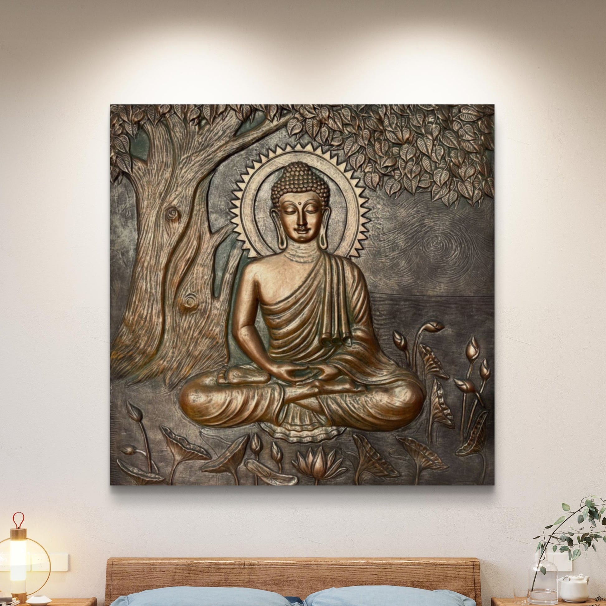 Large Size: Buddha Under the Tree 3D Relief Mural – Handmade Wall Art | Spiritual Home & Office Décor
