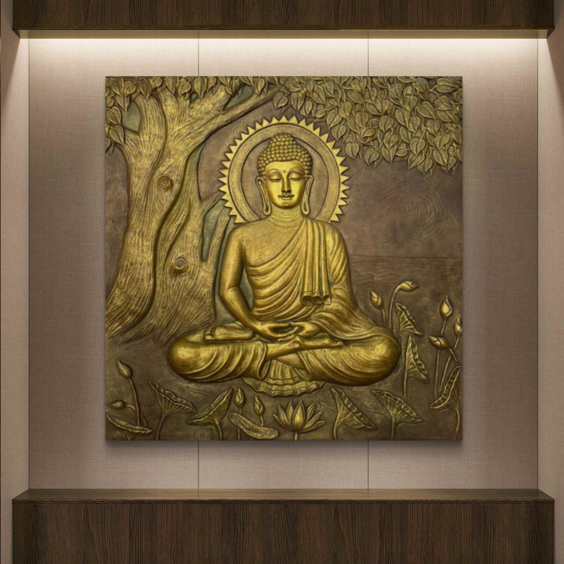 Large Size: Buddha Under the Tree 3D Relief Mural – Handmade Wall Art | Spiritual Home & Office Décor