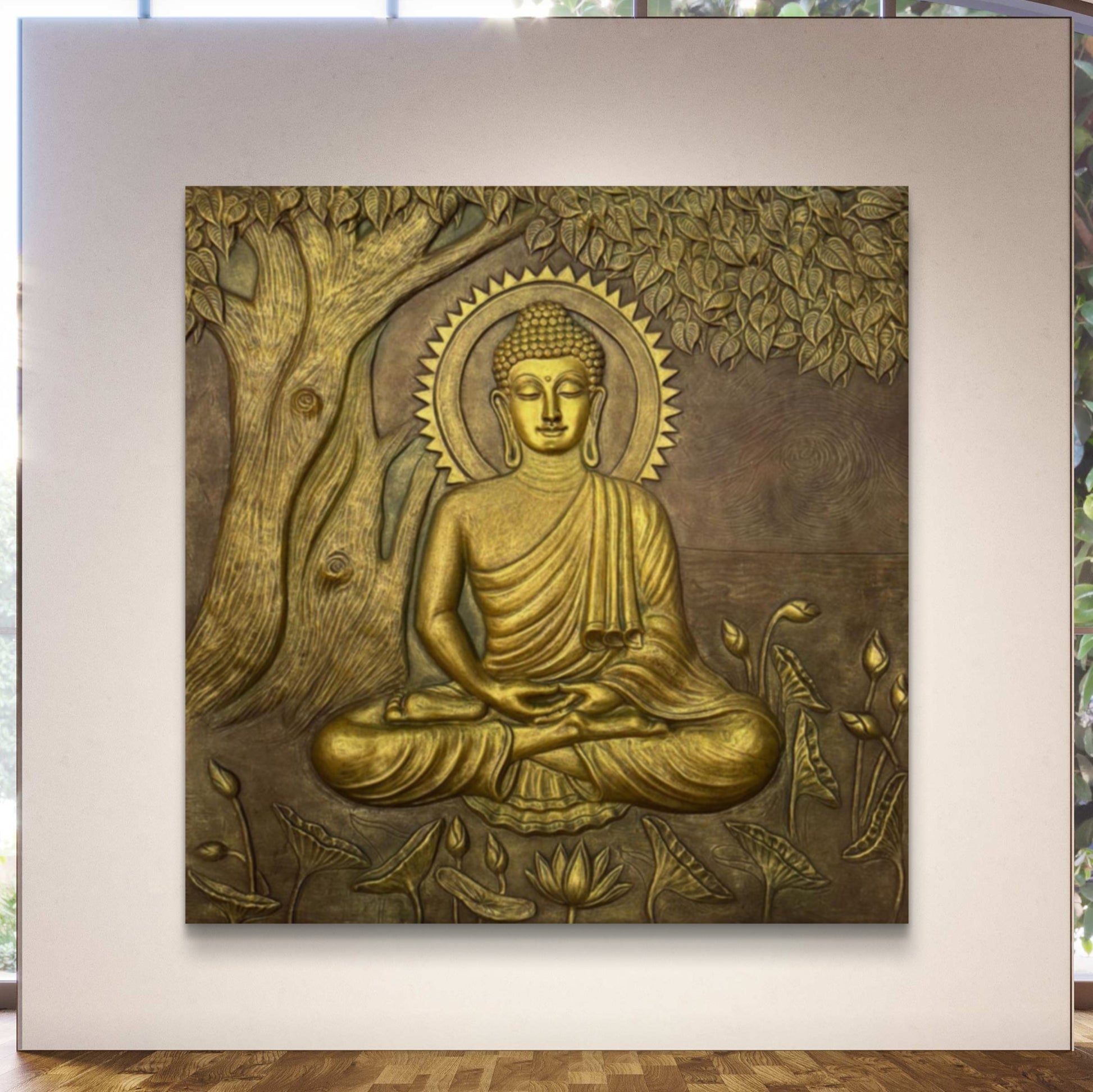 Large Size: Buddha Under the Tree 3D Relief Mural – Handmade Wall Art | Spiritual Home & Office Décor