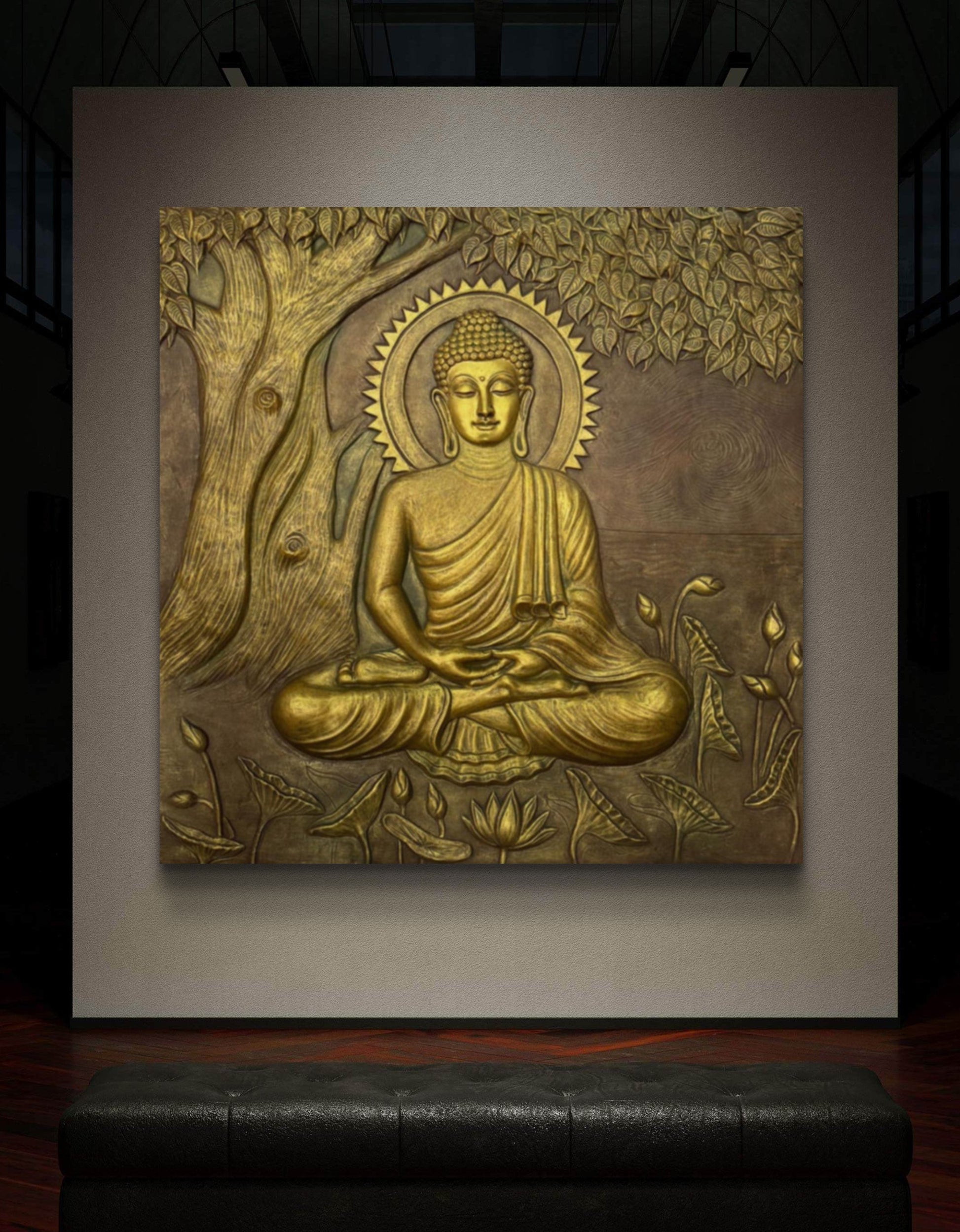 Large Size: Buddha Under the Tree 3D Relief Mural – Handmade Wall Art | Spiritual Home & Office Décor