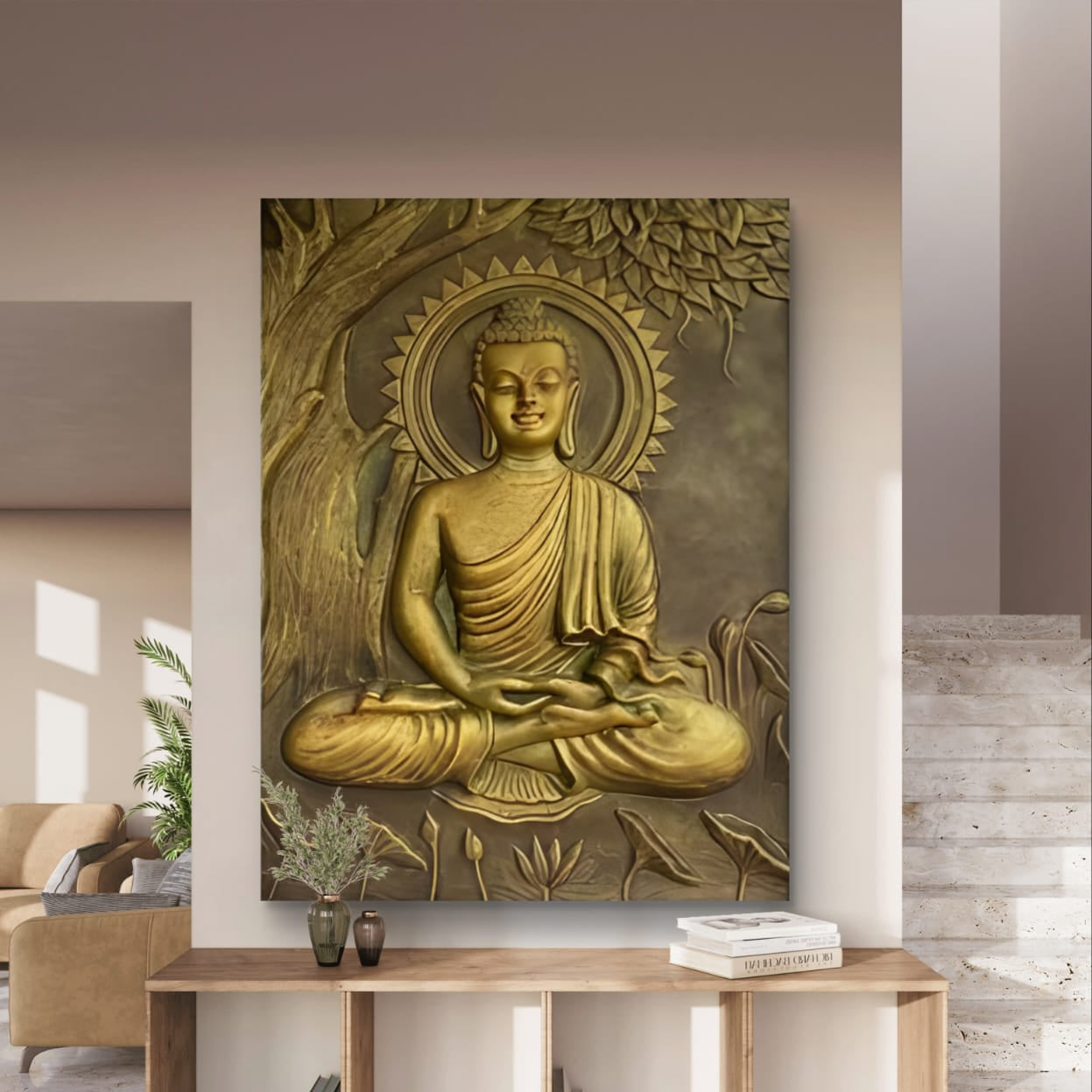 4x3 | Buddha Under the Tree 3D Relief Mural – Handmade Wall Art | Spiritual Home & Office Décor