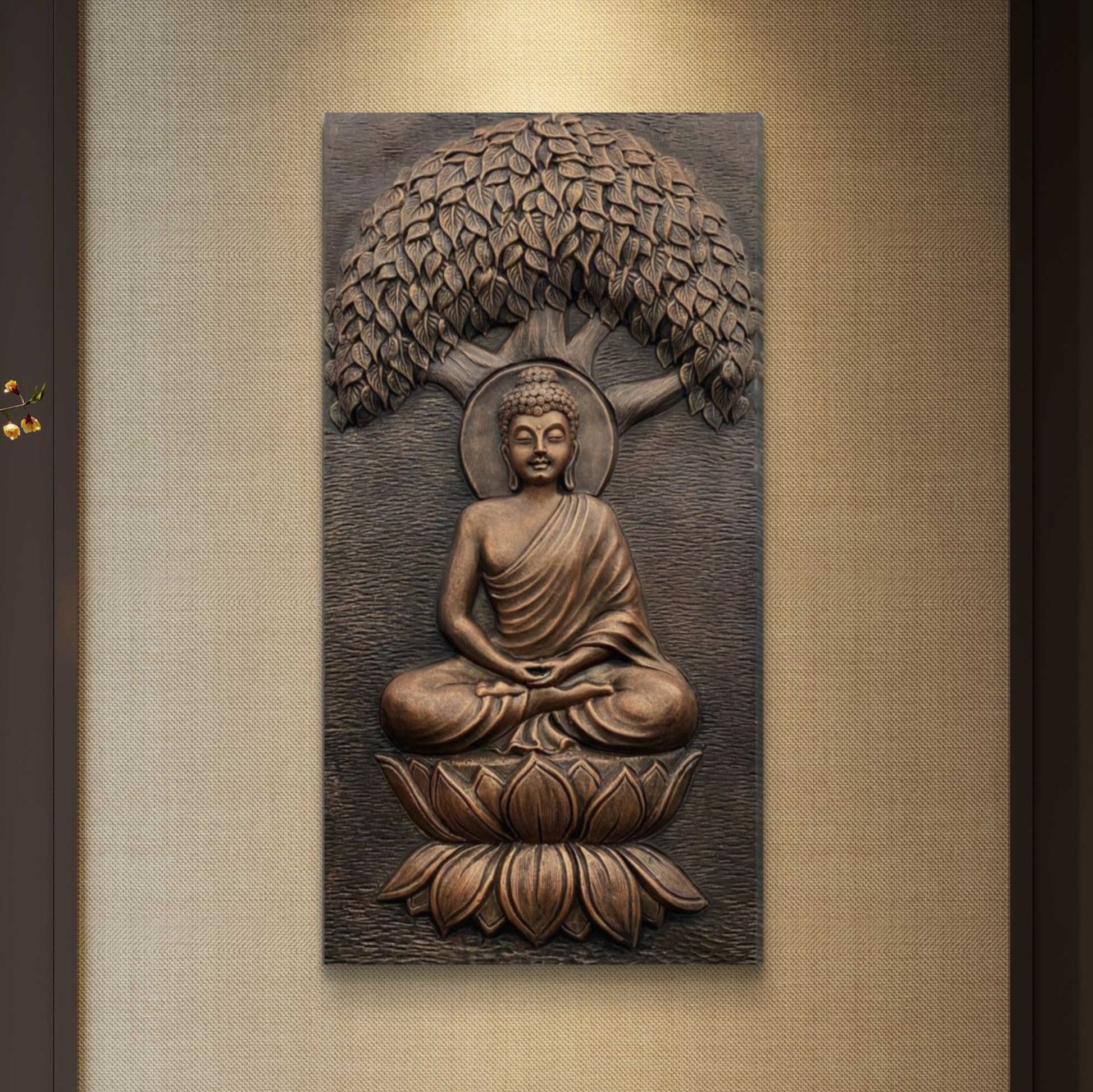 4x2 Feet | Buddha Under the Tree 3D Relief Wall Mural – Handmade Spiritual Art | Meditative Home & Office Décor