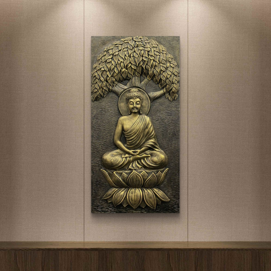 4x2 Feet | Buddha Under the Tree 3D Relief Wall Mural – Handmade Spiritual Art | Meditative Home & Office Décor