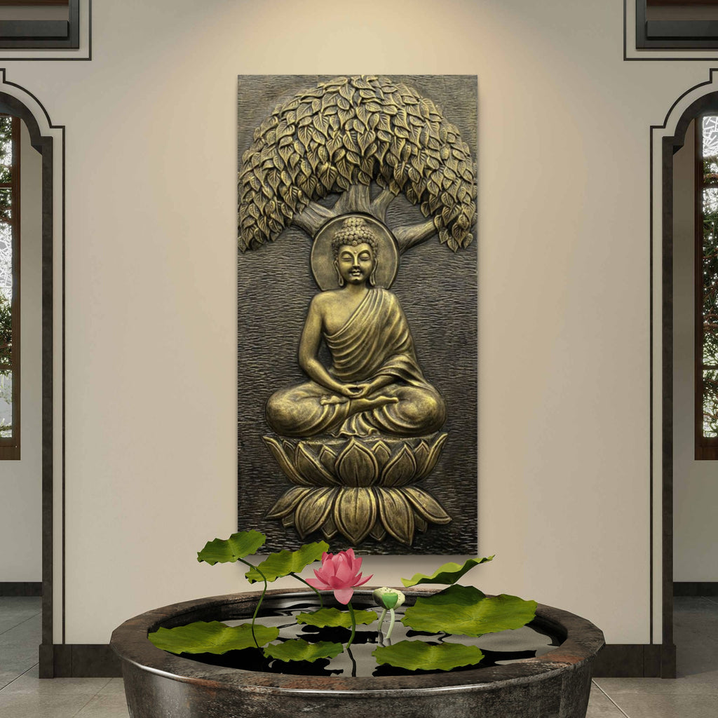 4x2 Feet | Buddha Under the Tree 3D Relief Wall Mural – Handmade Spiritual Art | Meditative Home & Office Décor