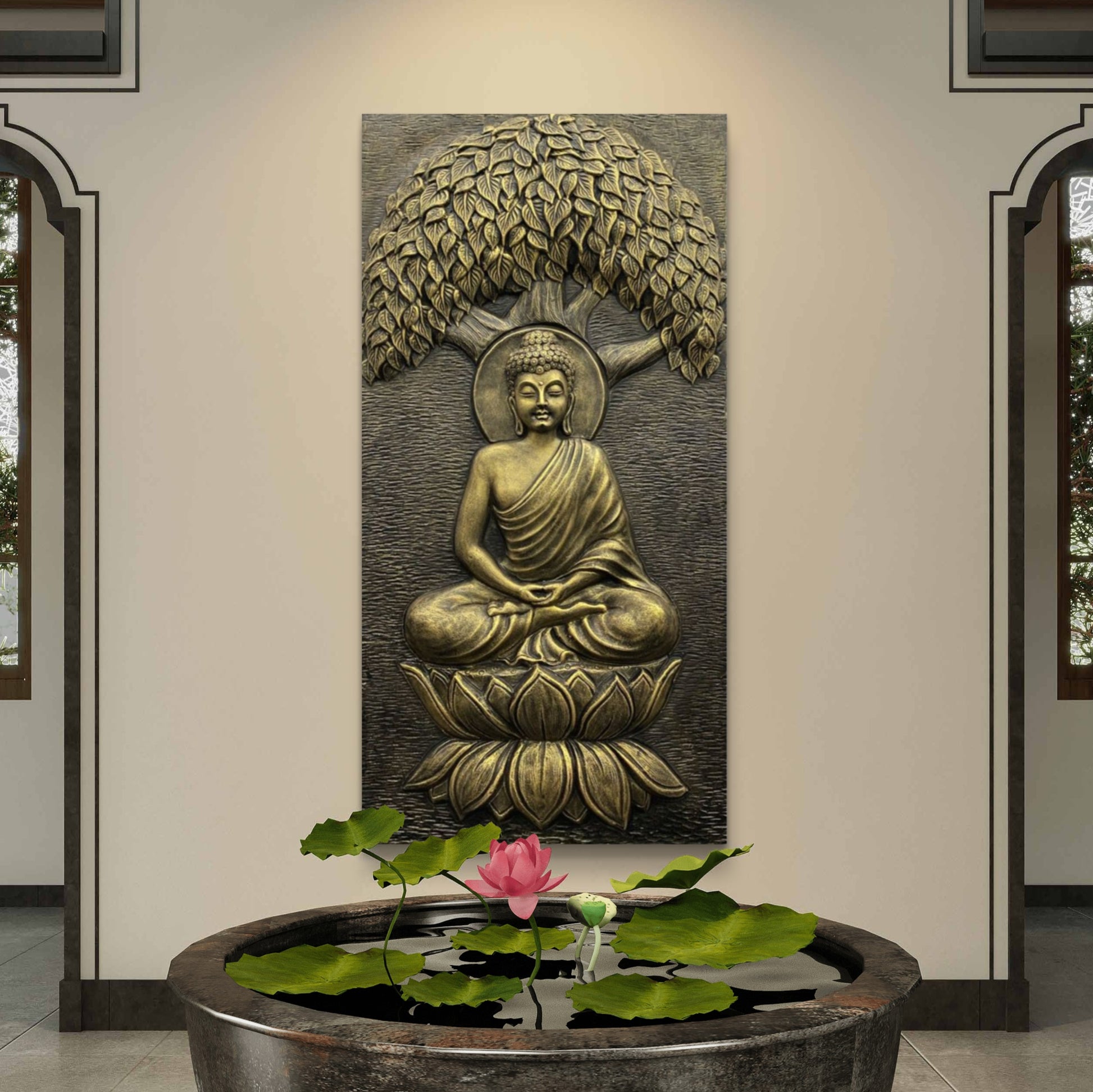 4x2 Feet | Buddha Under the Tree 3D Relief Wall Mural – Handmade Spiritual Art | Meditative Home & Office Décor