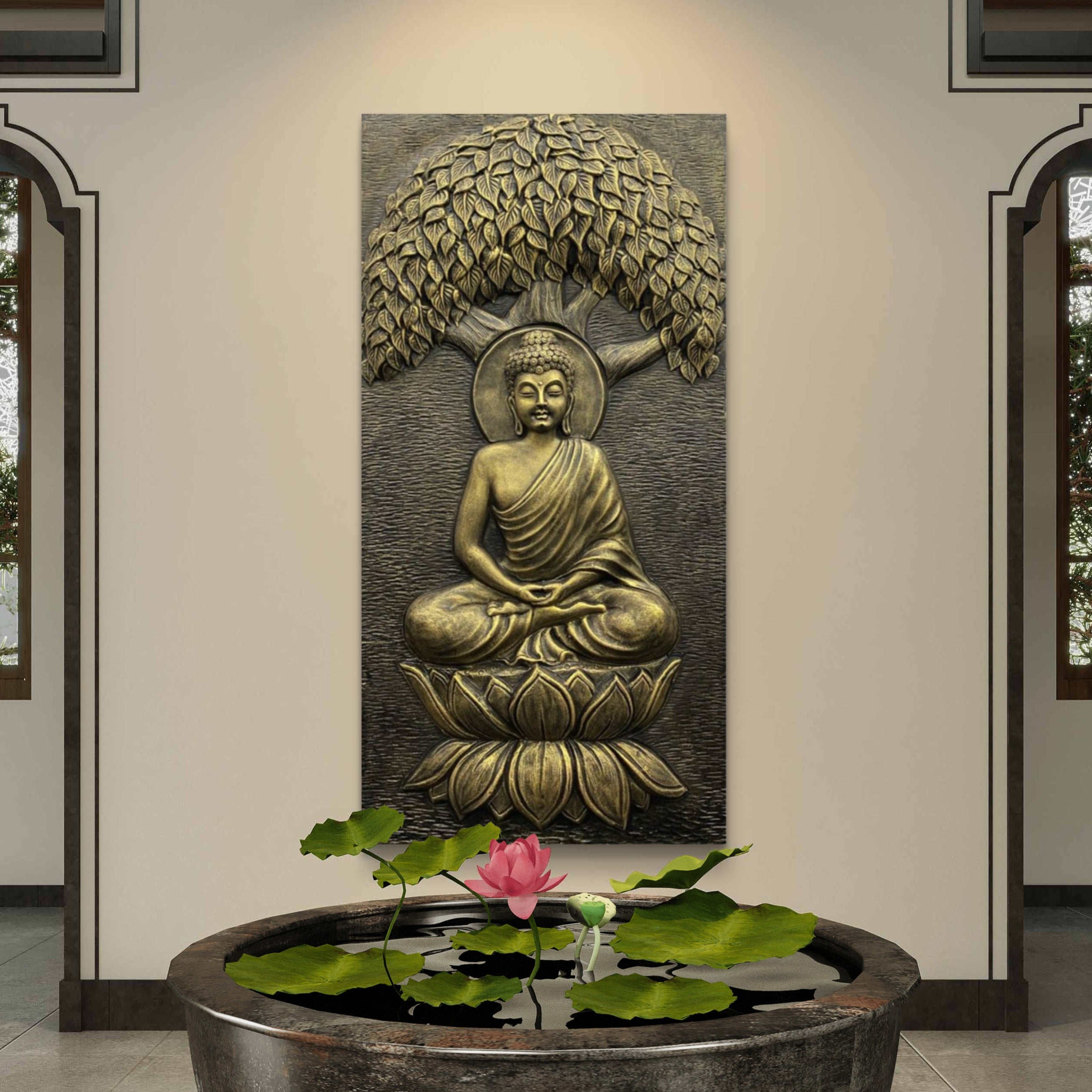 4x2 Feet | Buddha Under the Tree 3D Relief Wall Mural – Handmade Spiritual Art | Meditative Home & Office Décor