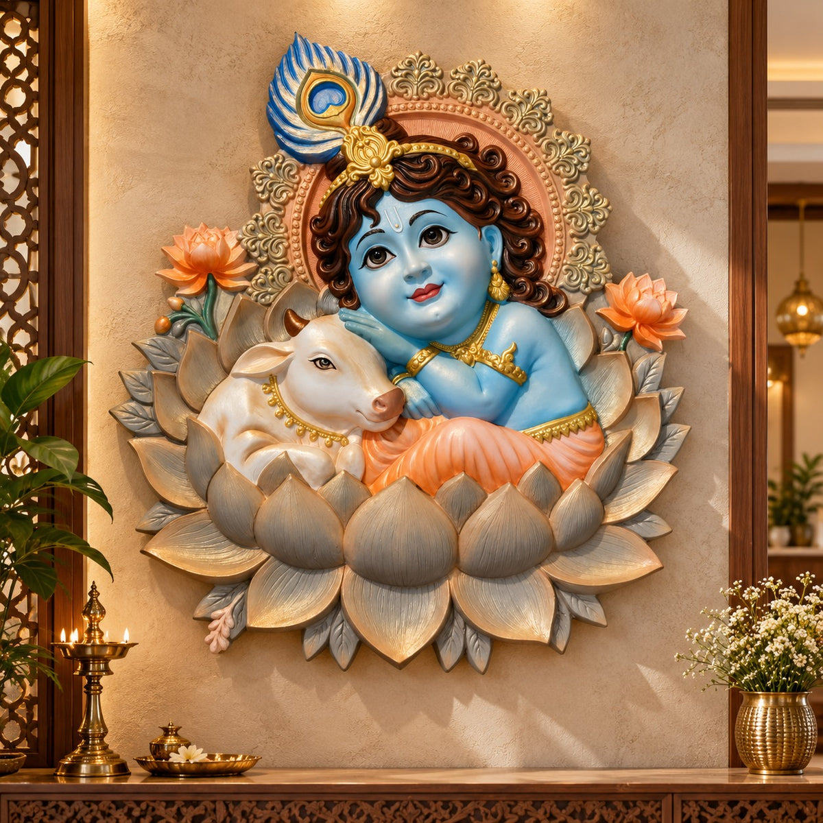 Bal Krishna with cow and lotus 3D wall art sculpture (4 × 3.5 feet) by Artgatha.