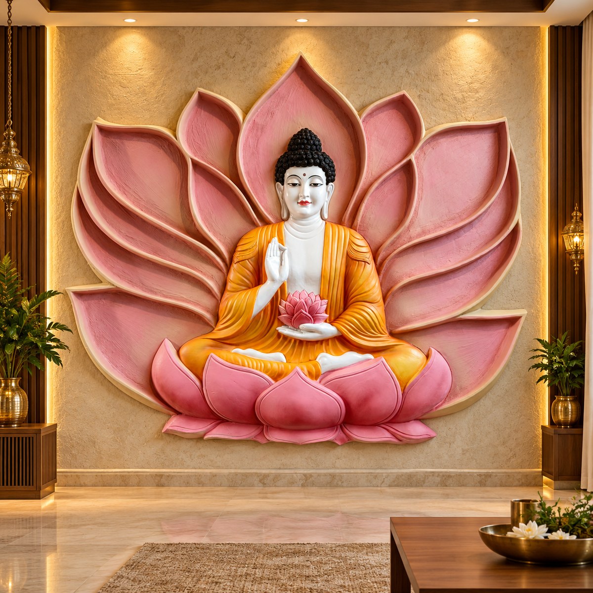 Buddha seated on a pink lotus 3D relief wall mural (7 × 5 feet) by Artgatha.