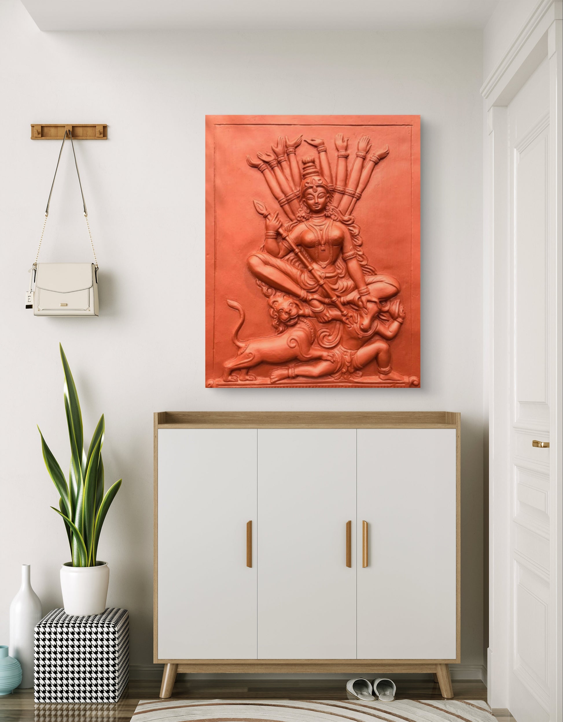 2x2.5 Feet | Goddess Durga 3D Relief Wall Mural | Terracotta Finish | Hindu Divine Wall Art | Ready to Hang