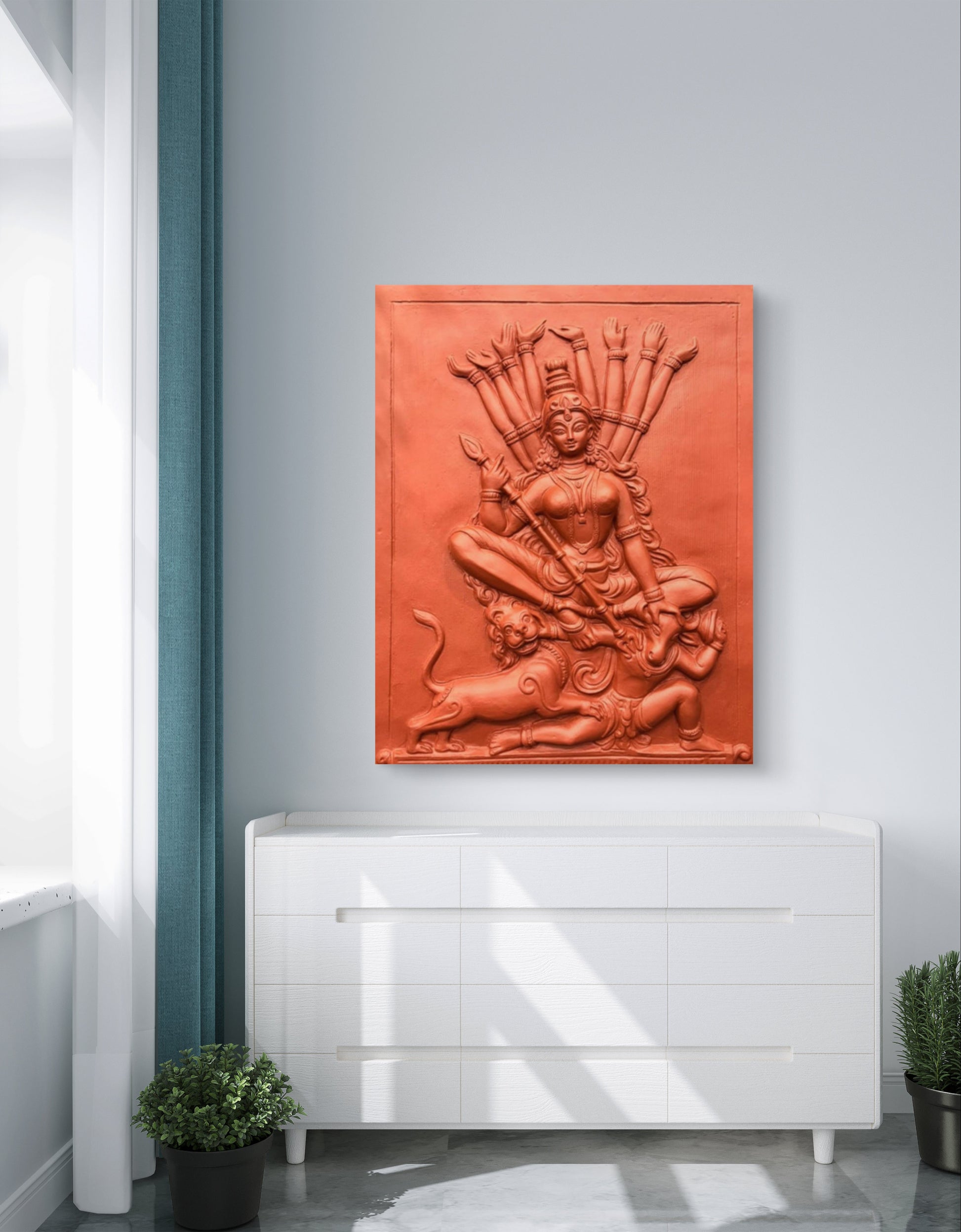 2x2.5 Feet | Goddess Durga 3D Relief Wall Mural | Terracotta Finish | Hindu Divine Wall Art | Ready to Hang