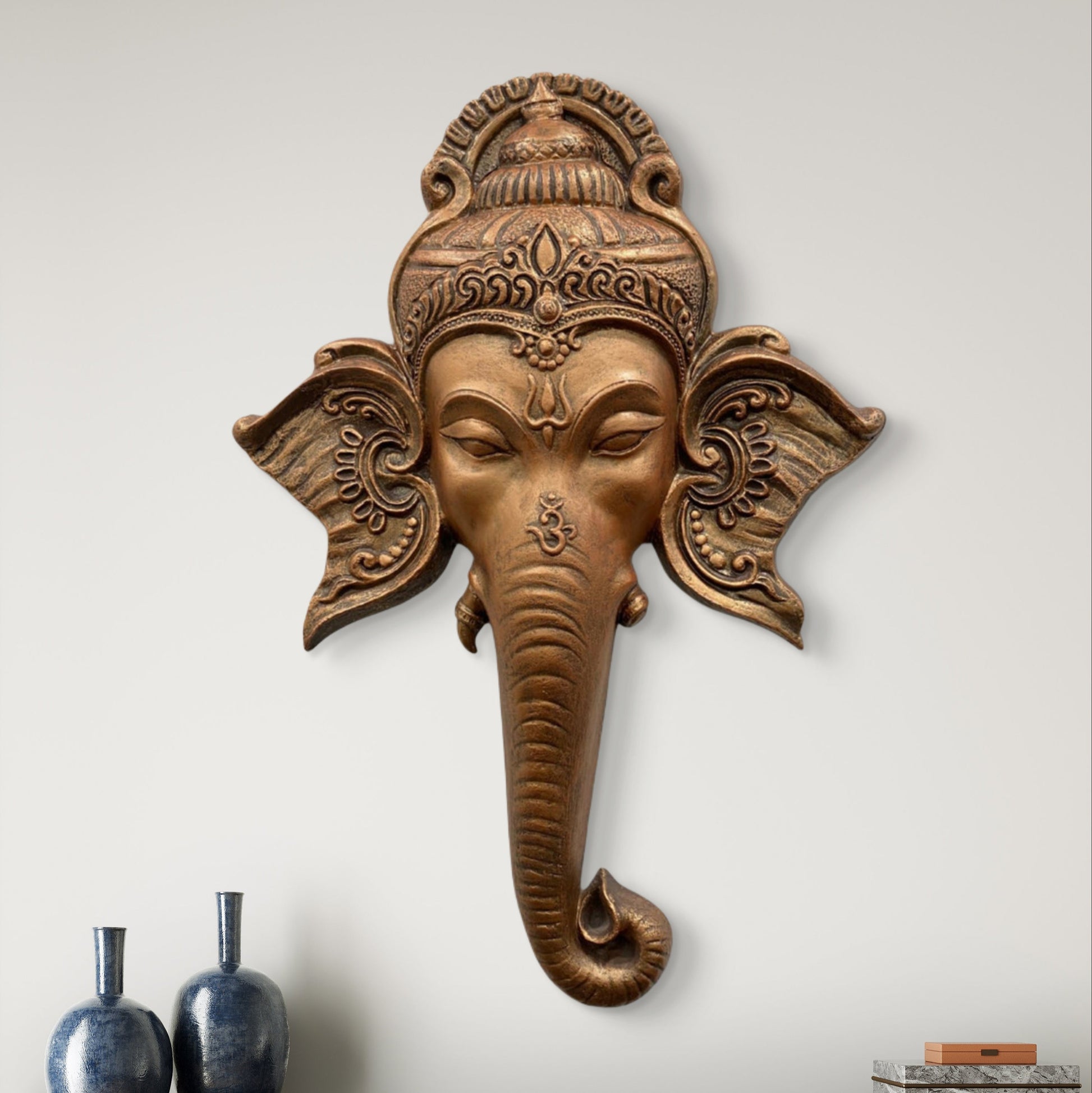 32x21 Inches | Lord Ganesha Face 3D Relief Mural | Ganesha Face Wall Sculpture | Hindu Spiritual Wall Decor | Ready-to-Hang