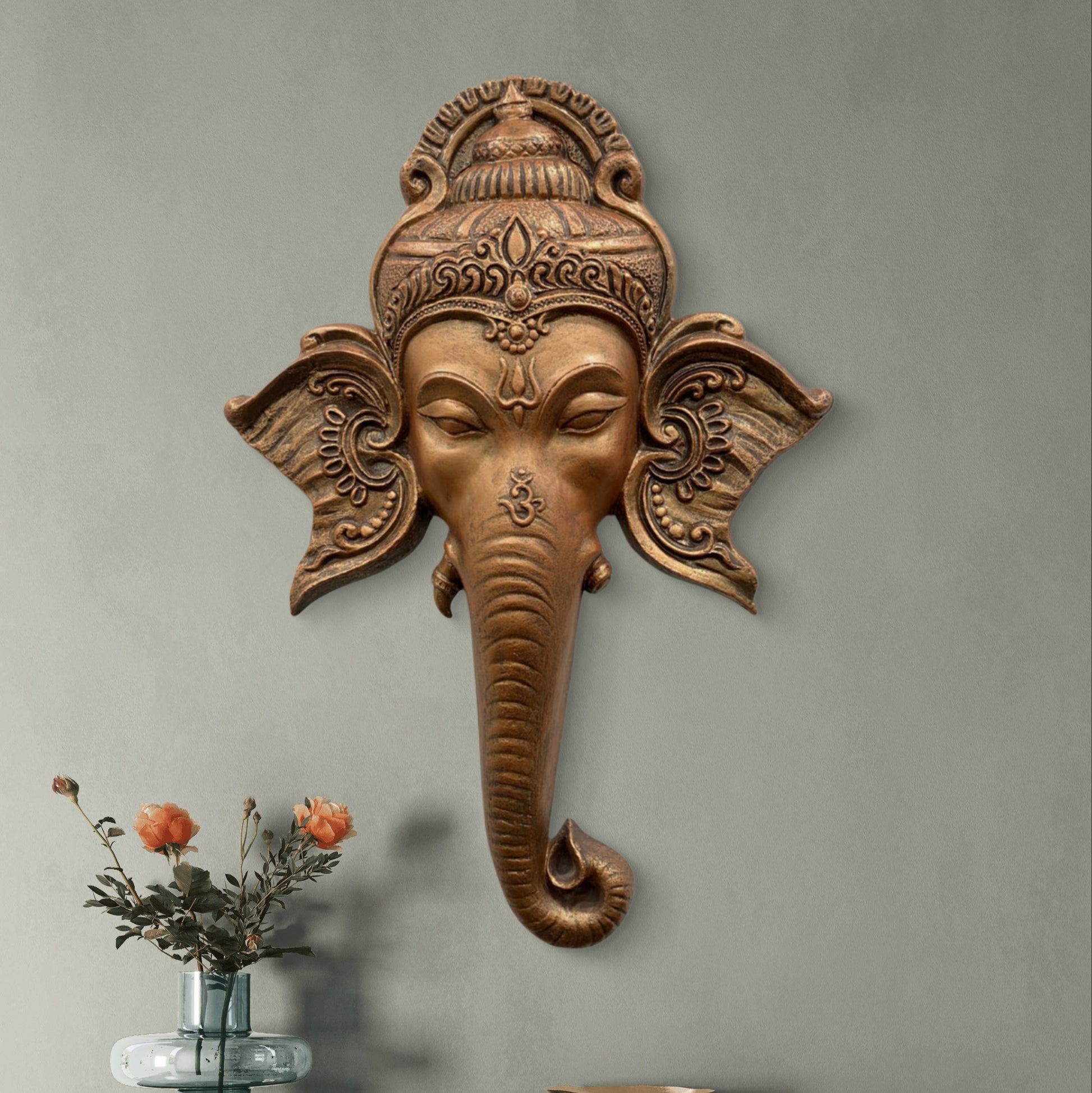 32x21 Inches | Lord Ganesha Face 3D Relief Mural | Ganesha Face Wall Sculpture | Hindu Spiritual Wall Decor | Ready-to-Hang