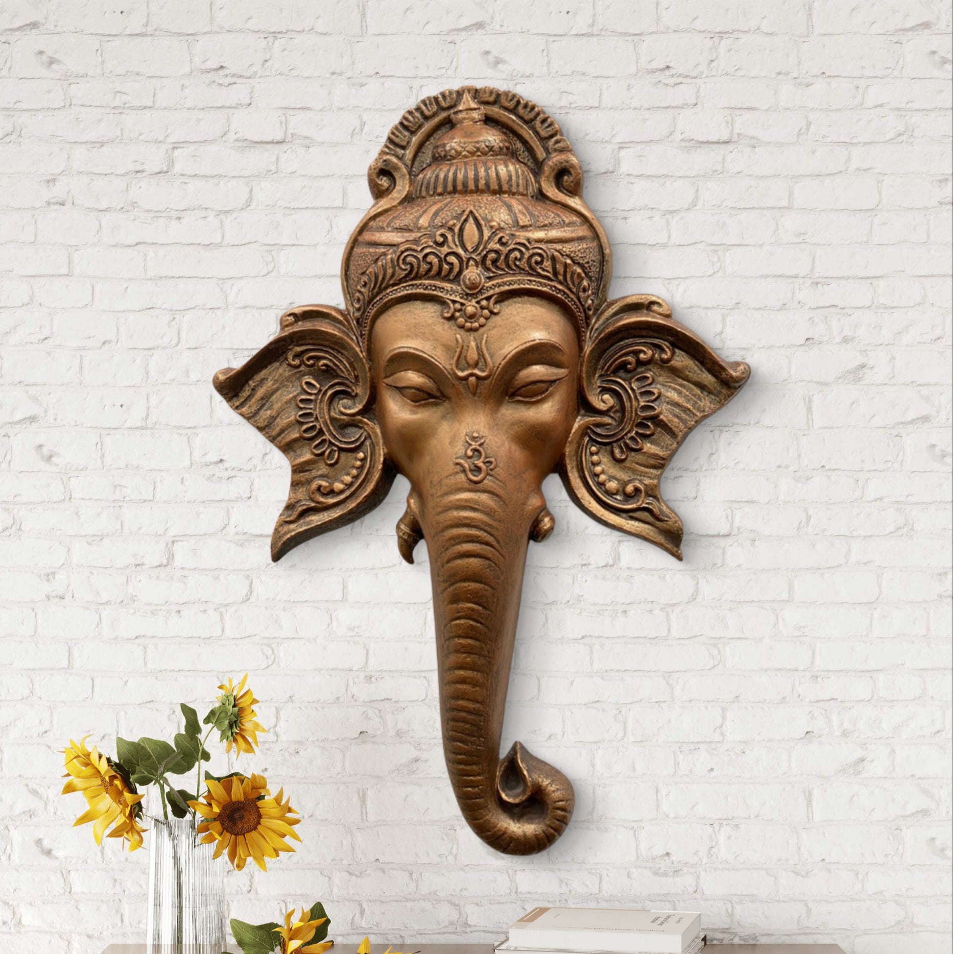 32x21 Inches | Lord Ganesha Face 3D Relief Mural | Ganesha Face Wall Sculpture | Hindu Spiritual Wall Decor | Ready-to-Hang