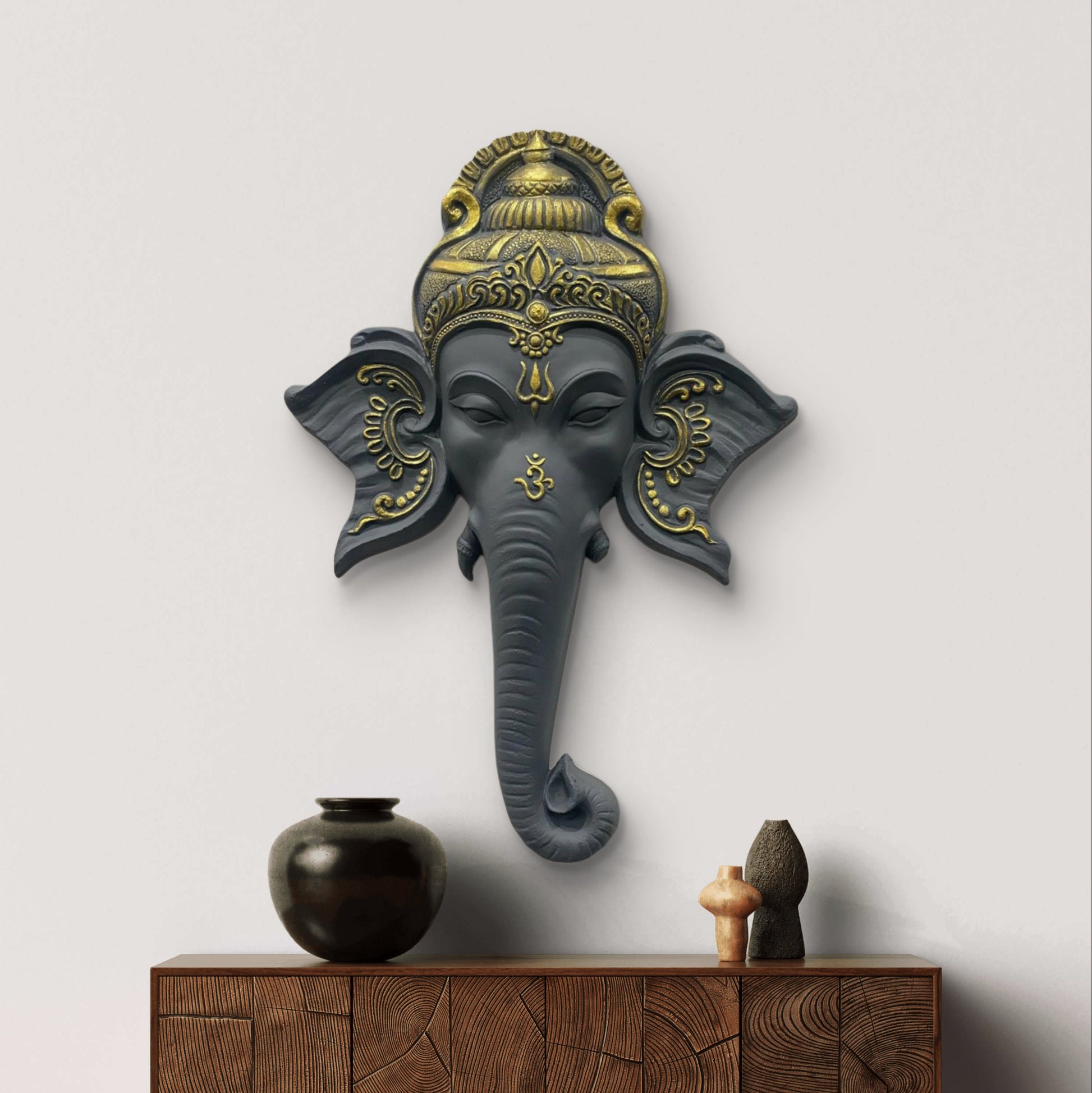 32x21 Inches | Lord Ganesha Face 3D Relief Mural | Ganesha Face Wall Sculpture | Hindu Spiritual Wall Decor | Ready-to-Hang