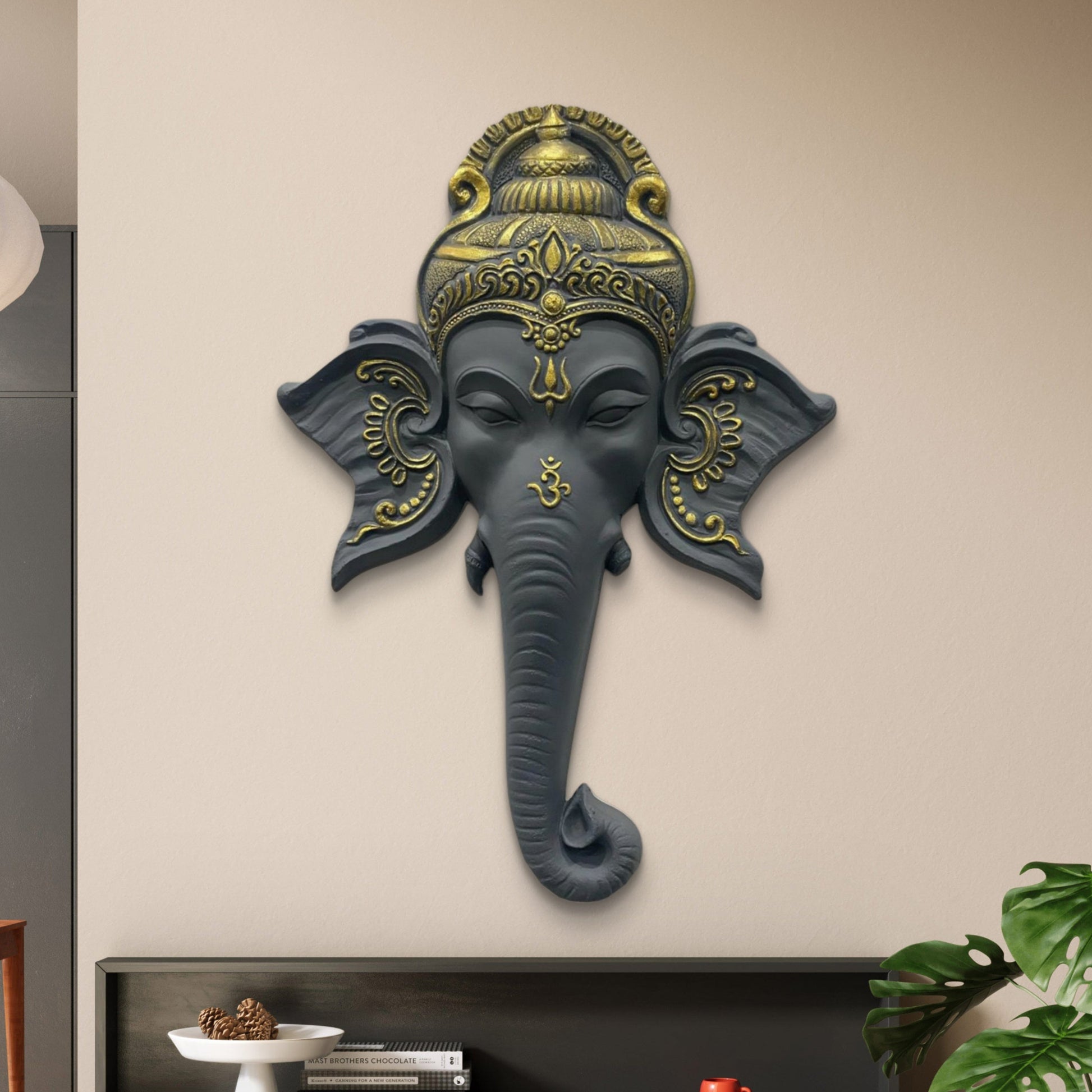 32x21 Inches | Lord Ganesha Face 3D Relief Mural | Ganesha Face Wall Sculpture | Hindu Spiritual Wall Decor | Ready-to-Hang