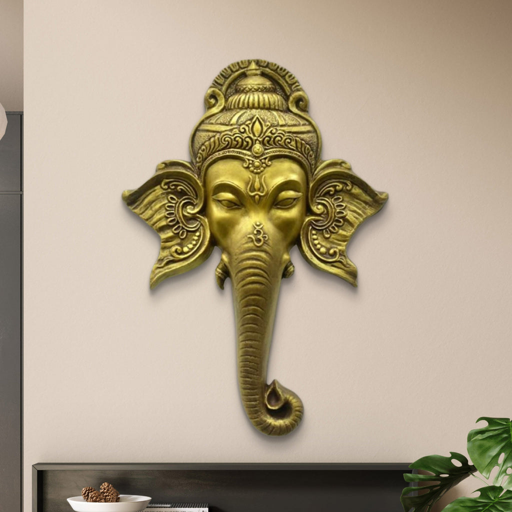 32x21 Inches | Lord Ganesha Face 3D Relief Mural | Ganesha Face Wall Sculpture | Hindu Spiritual Wall Decor | Ready-to-Hang