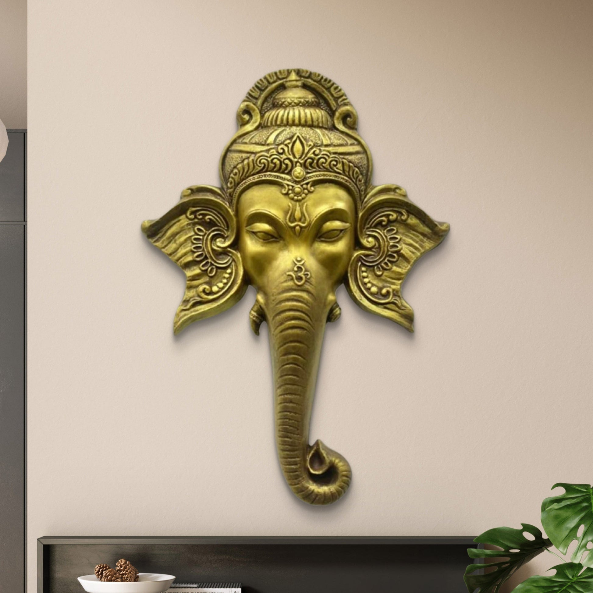 32x21 Inches | Lord Ganesha Face 3D Relief Mural | Ganesha Face Wall Sculpture | Hindu Spiritual Wall Decor | Ready-to-Hang
