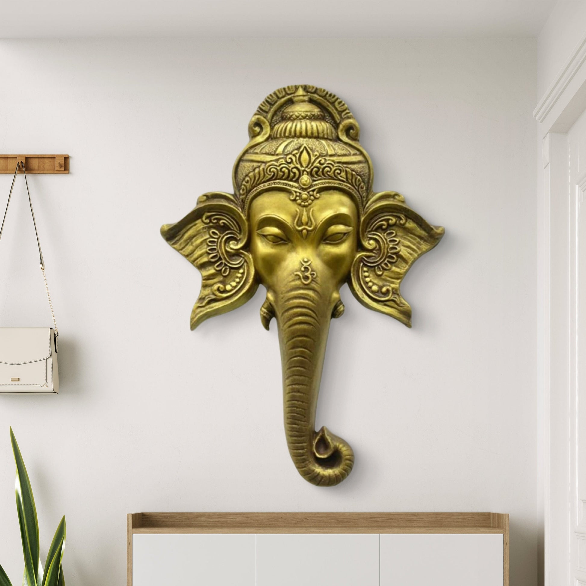 32x21 Inches | Lord Ganesha Face 3D Relief Mural | Ganesha Face Wall Sculpture | Hindu Spiritual Wall Decor | Ready-to-Hang
