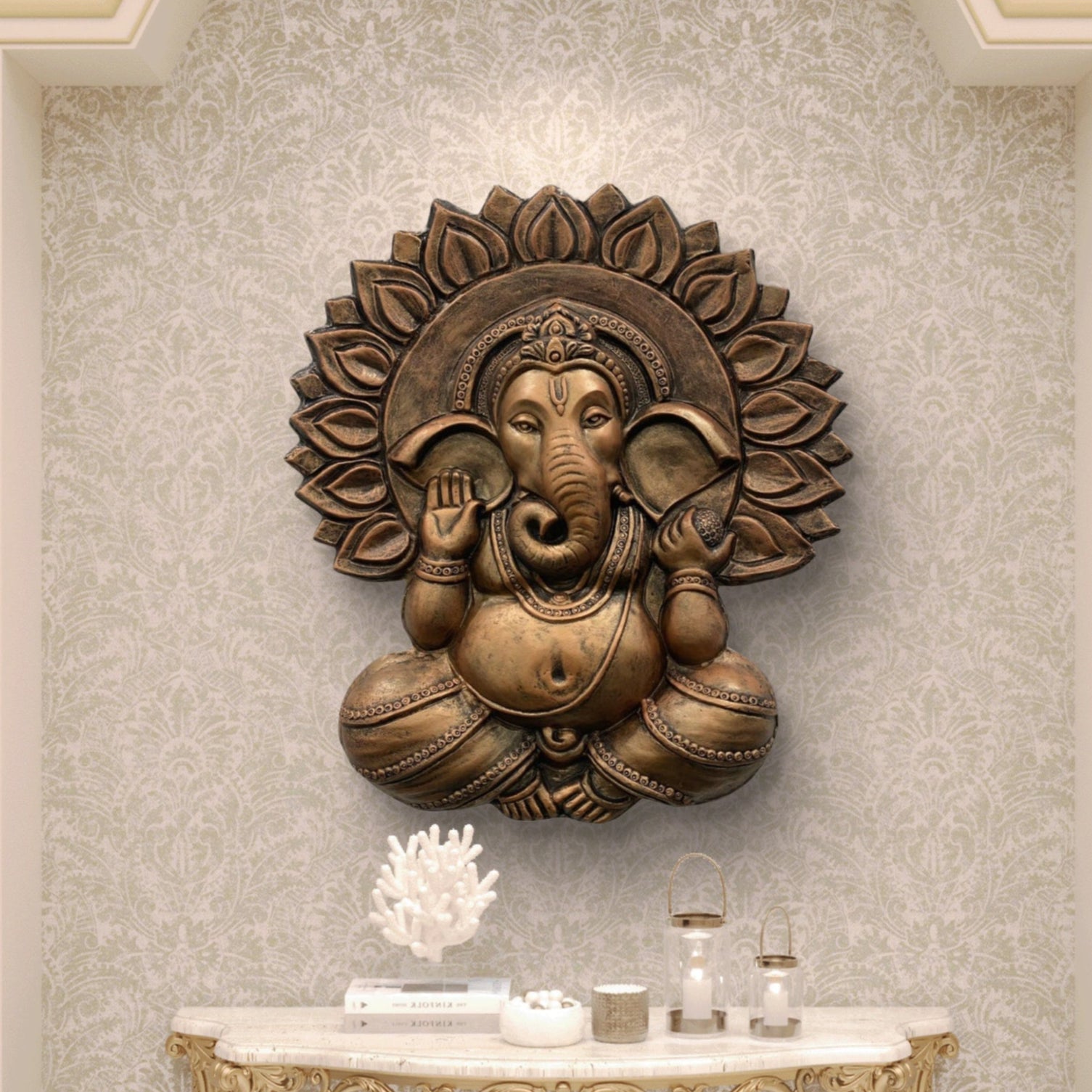 2.3x2 Feet | Surya Ganesha 3D Relief Mural | Hindu Wall Art | Lord Ganesha Sun Design Sculpture | Ready-to-Hang