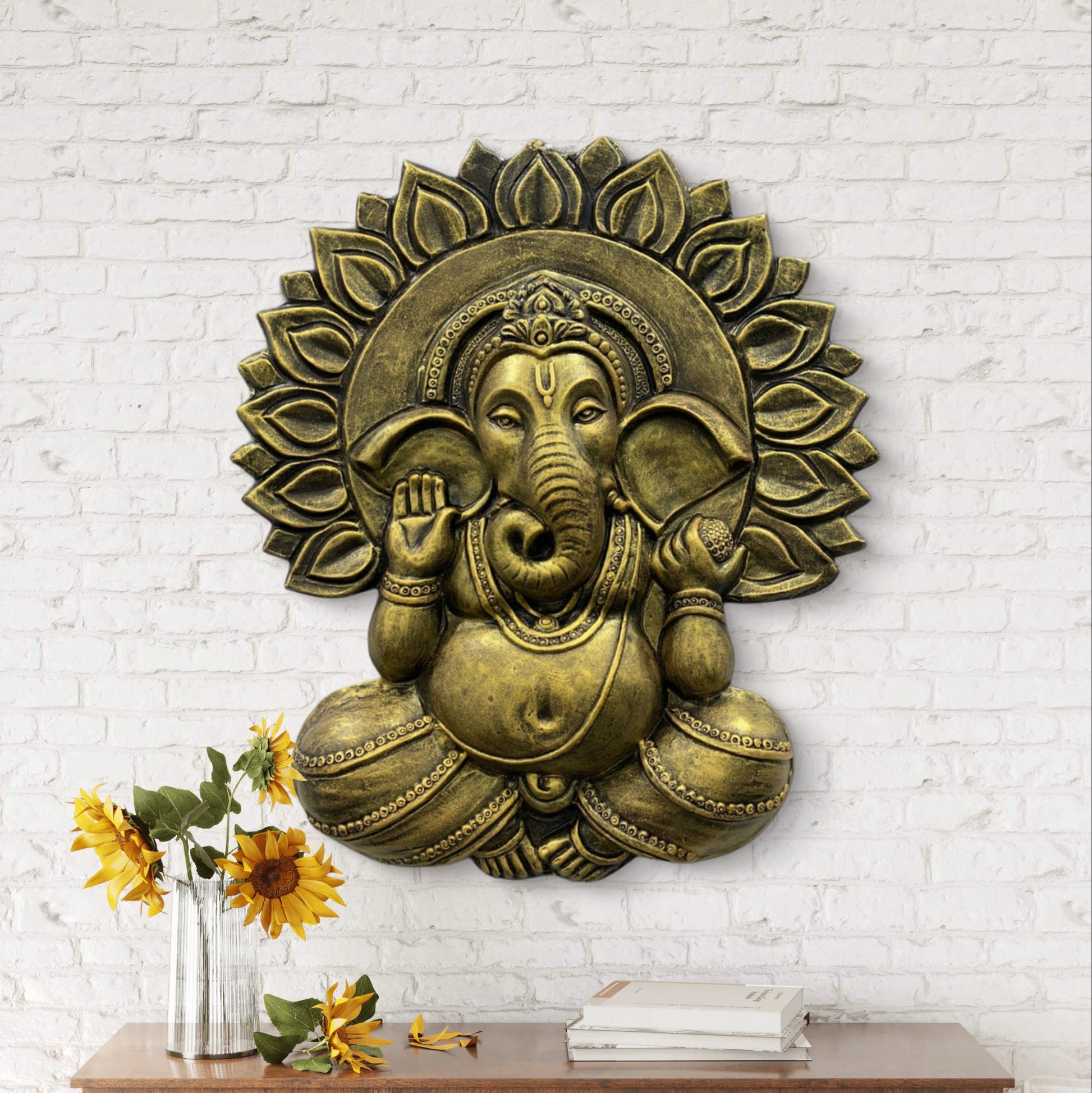 2.3x2 Feet | Surya Ganesha 3D Relief Mural | Hindu Wall Art | Lord Ganesha Sun Design Sculpture | Ready-to-Hang