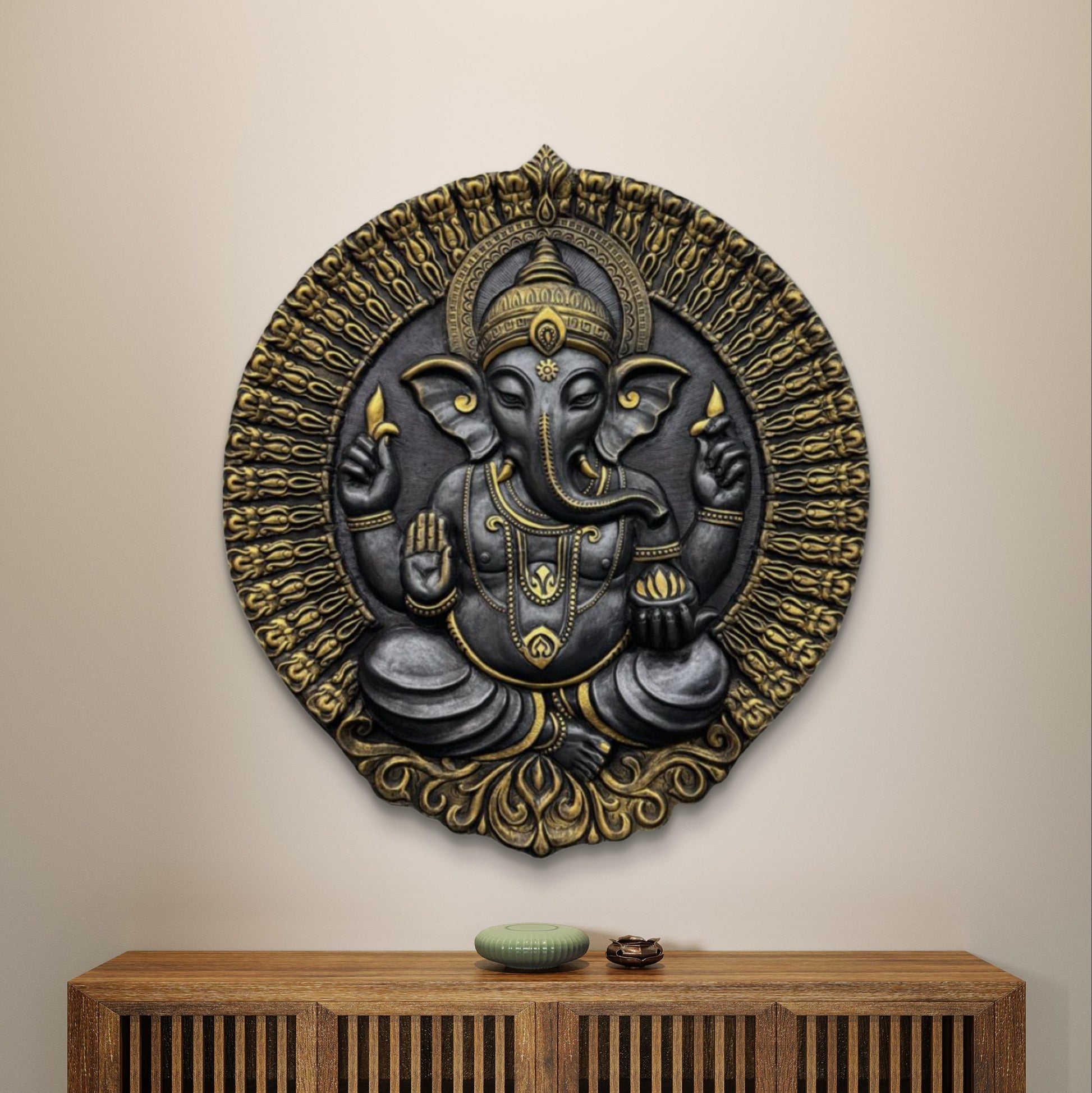 3.5x3 Feet | Divine Lord Ganesha Circular Relief Mural | Wall Hanging | Ready to Hang