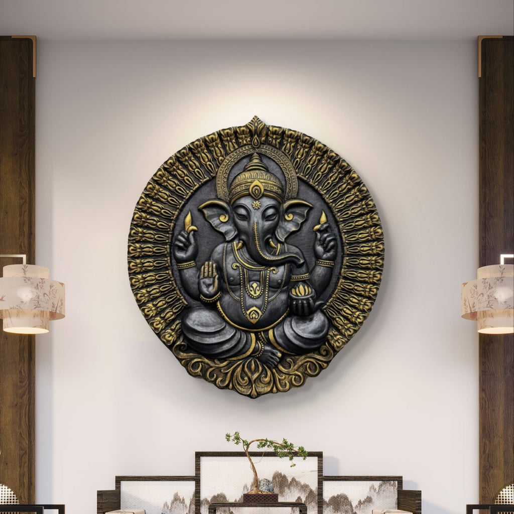 3.5x3 Feet | Divine Lord Ganesha Circular Relief Mural | Wall Hanging | Ready to Hang