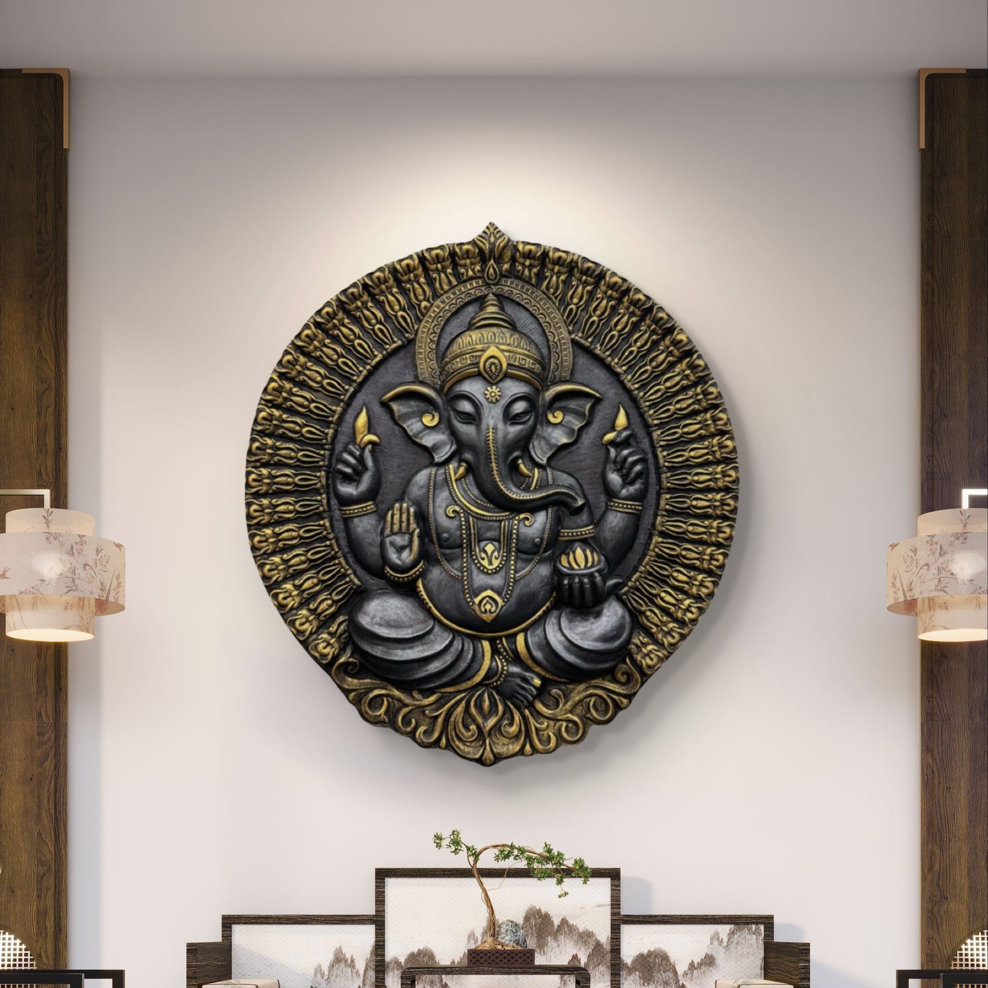 3.5x3 Feet | Divine Lord Ganesha Circular Relief Mural | Wall Hanging | Ready to Hang