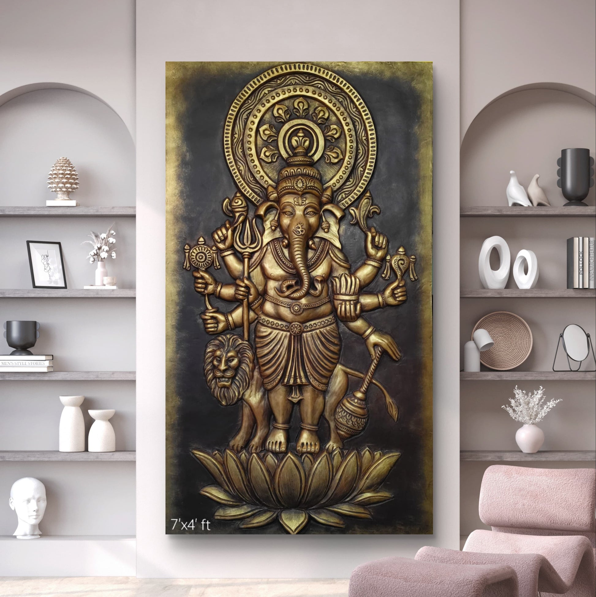 7x4 Feet | Drishti Ganesha | Mahaganapati 3D Relief Mural Wall Art | Ready to Hang | Vastu Decorative Sculpture