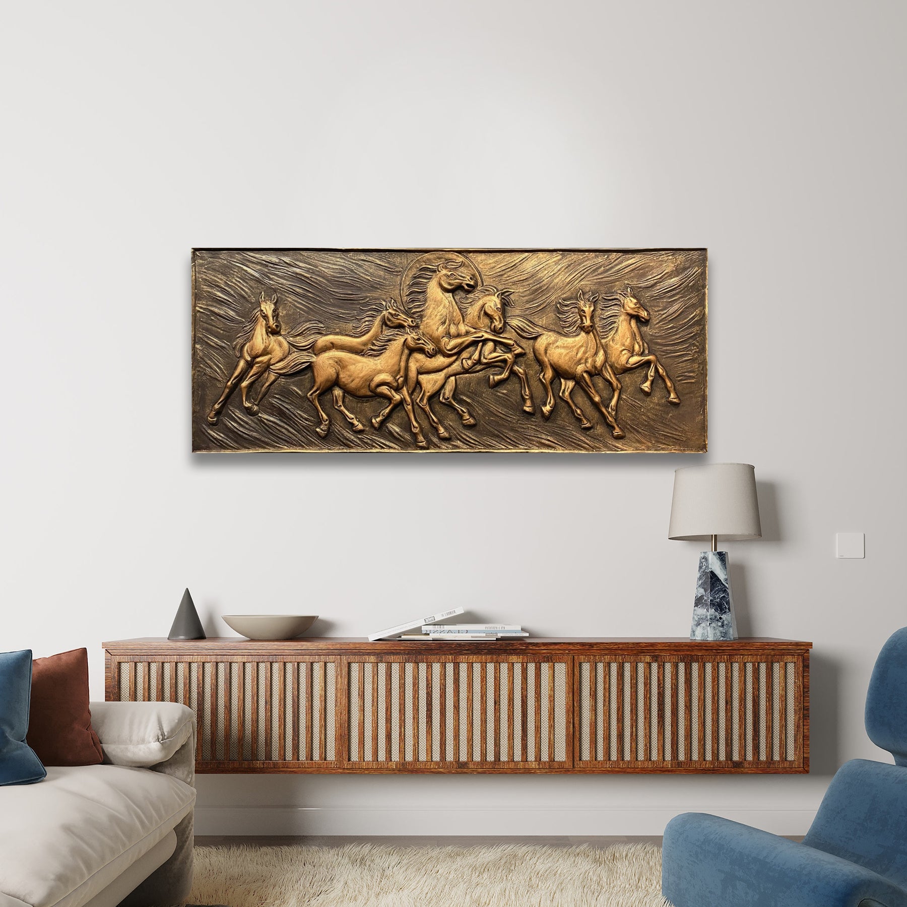 5x2 Vastu Inspired 7 Horse 3D Relief Mural Wall Art  | Symbol of Power & Success