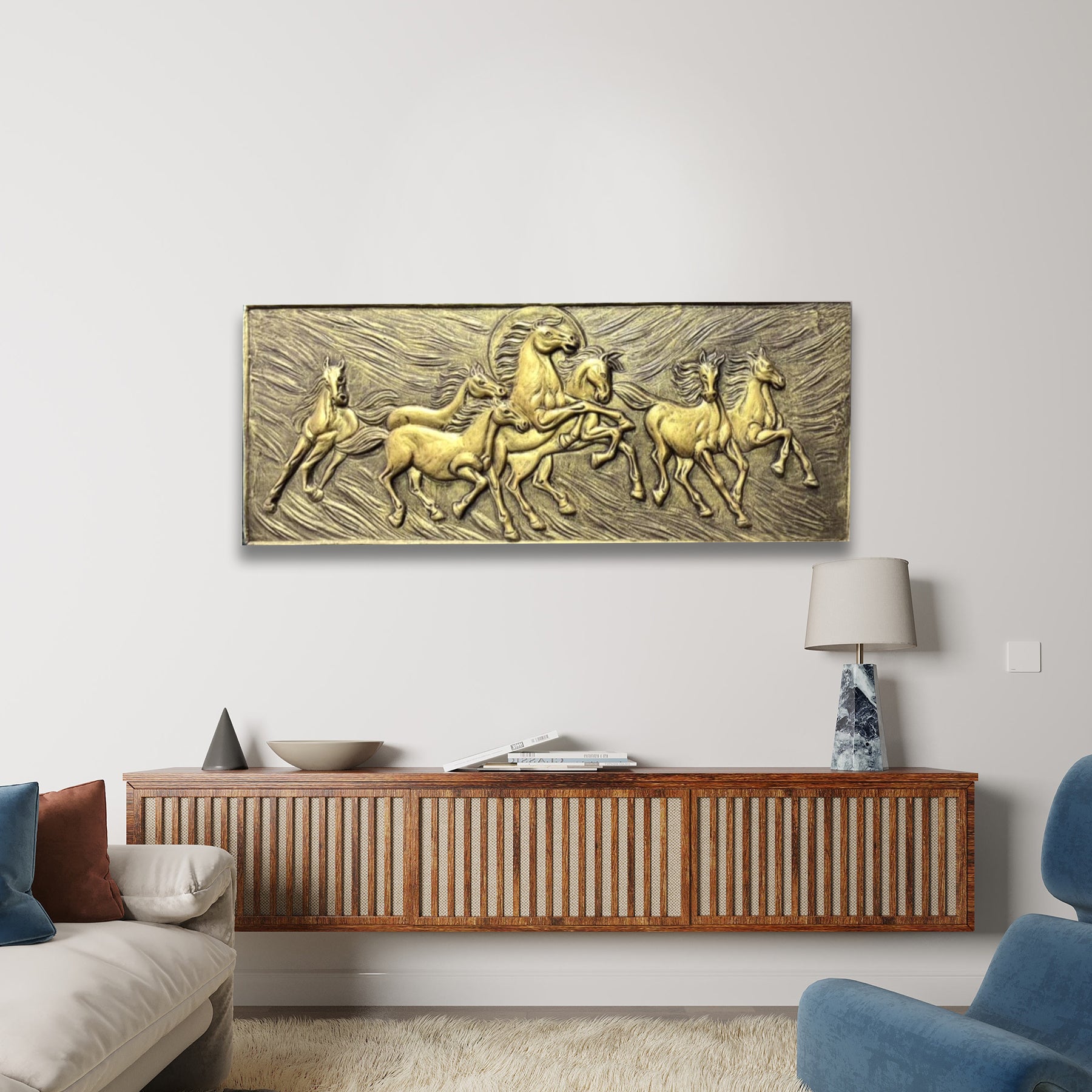 5x2 Vastu Inspired 7 Horse 3D Relief Mural Wall Art  | Symbol of Power & Success