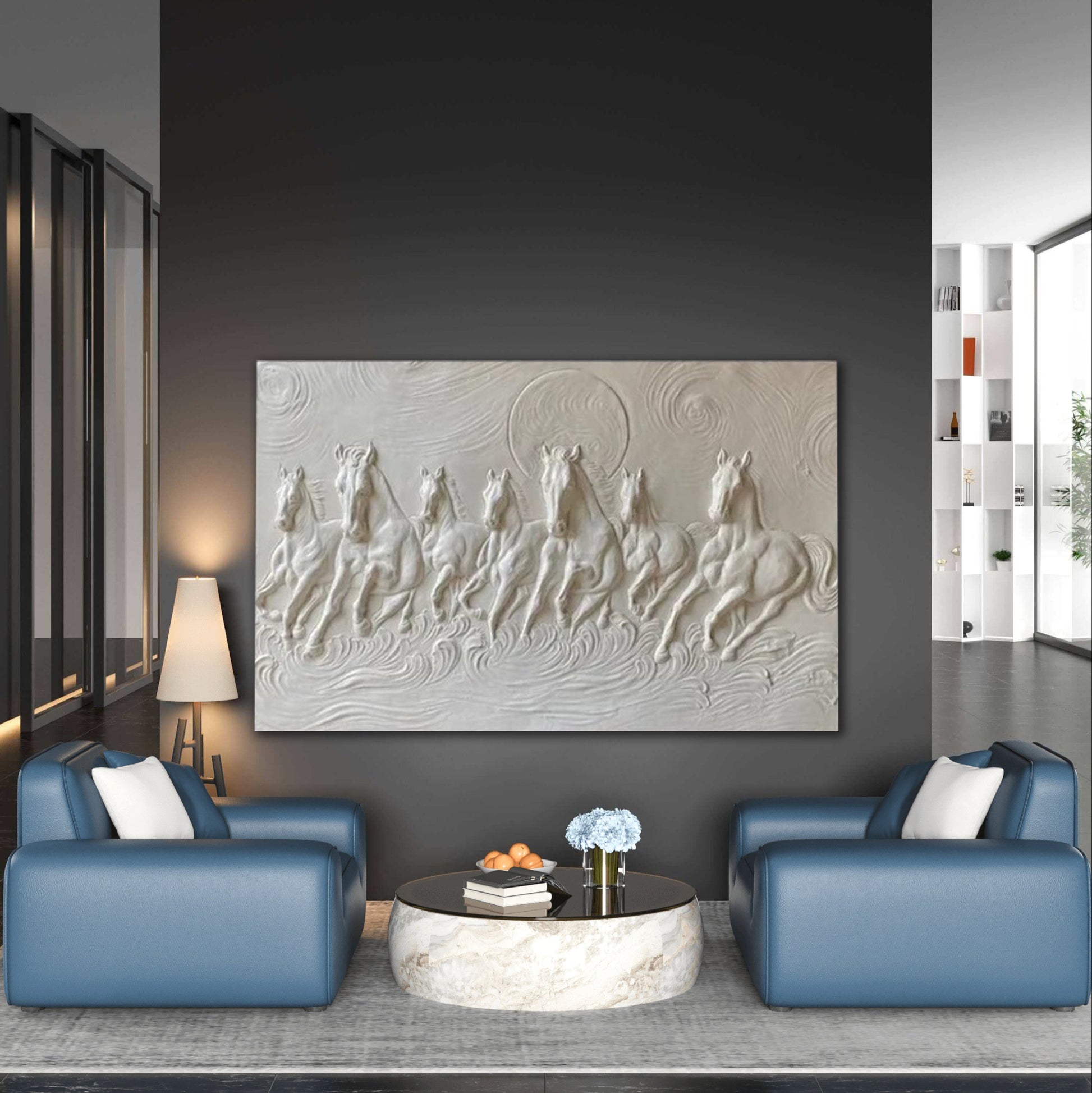 5x3 Feet Right-Moving 7 Horses 3D Relief Mural