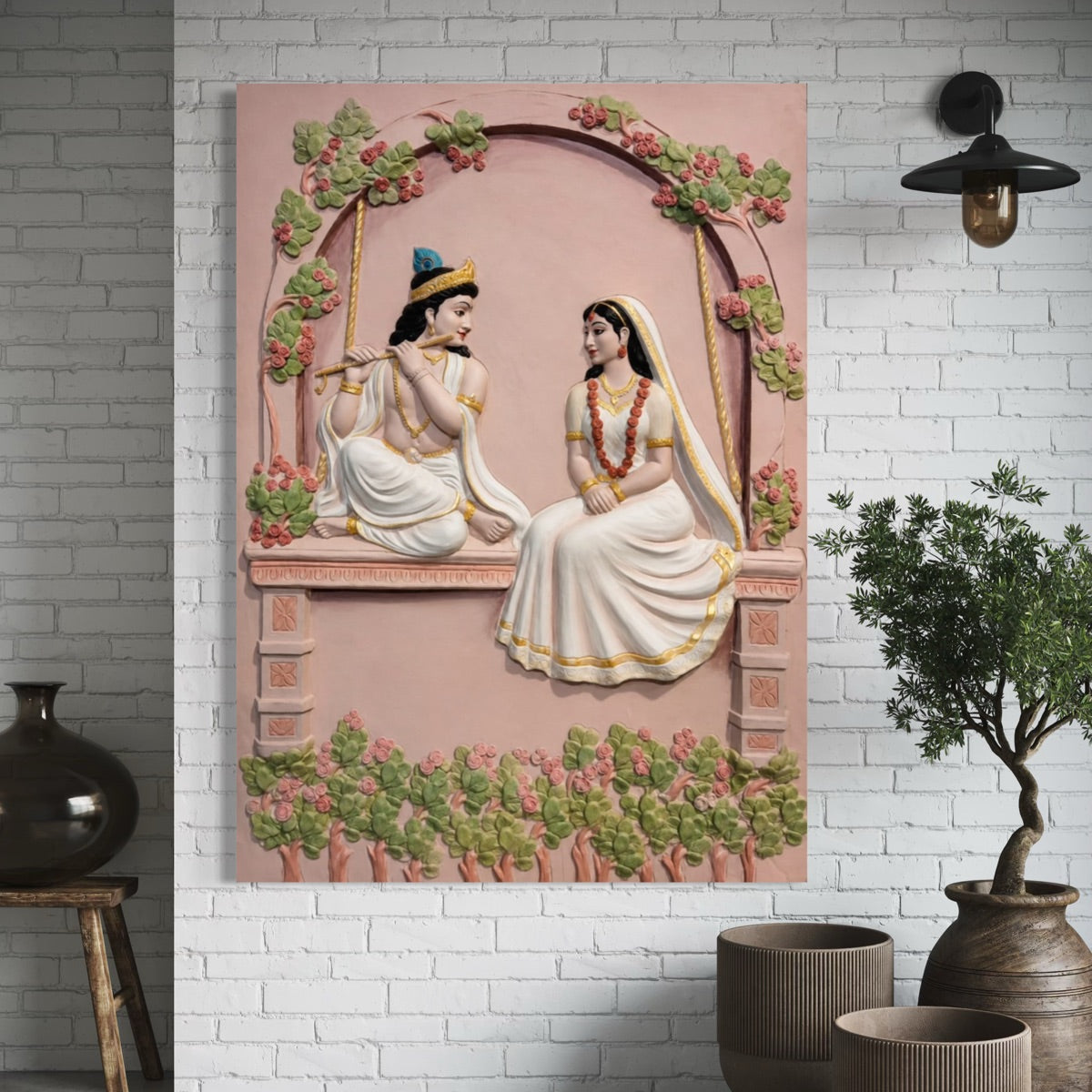 Radha Krishna Divine Jhula Floral Swing 3D Wall Art (42 × 30 Inches)