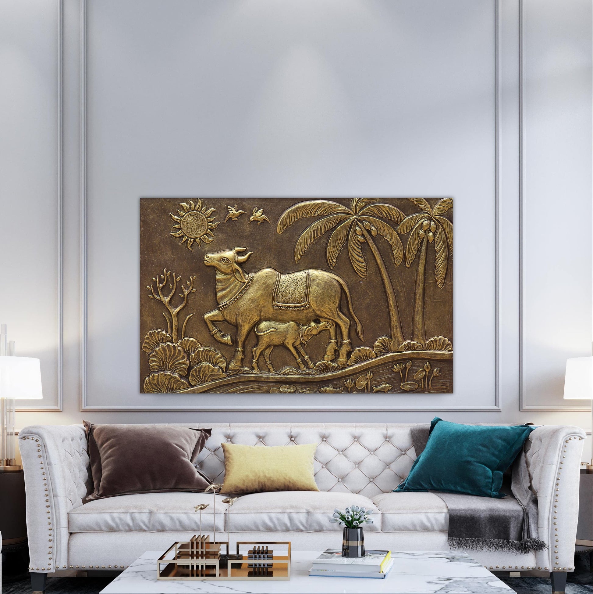 Kamdhenu Cow 3D Relief Wall Mural | 30x48 inch | Ready-to-Hang Vastu Cow Wall Art for Home & Office