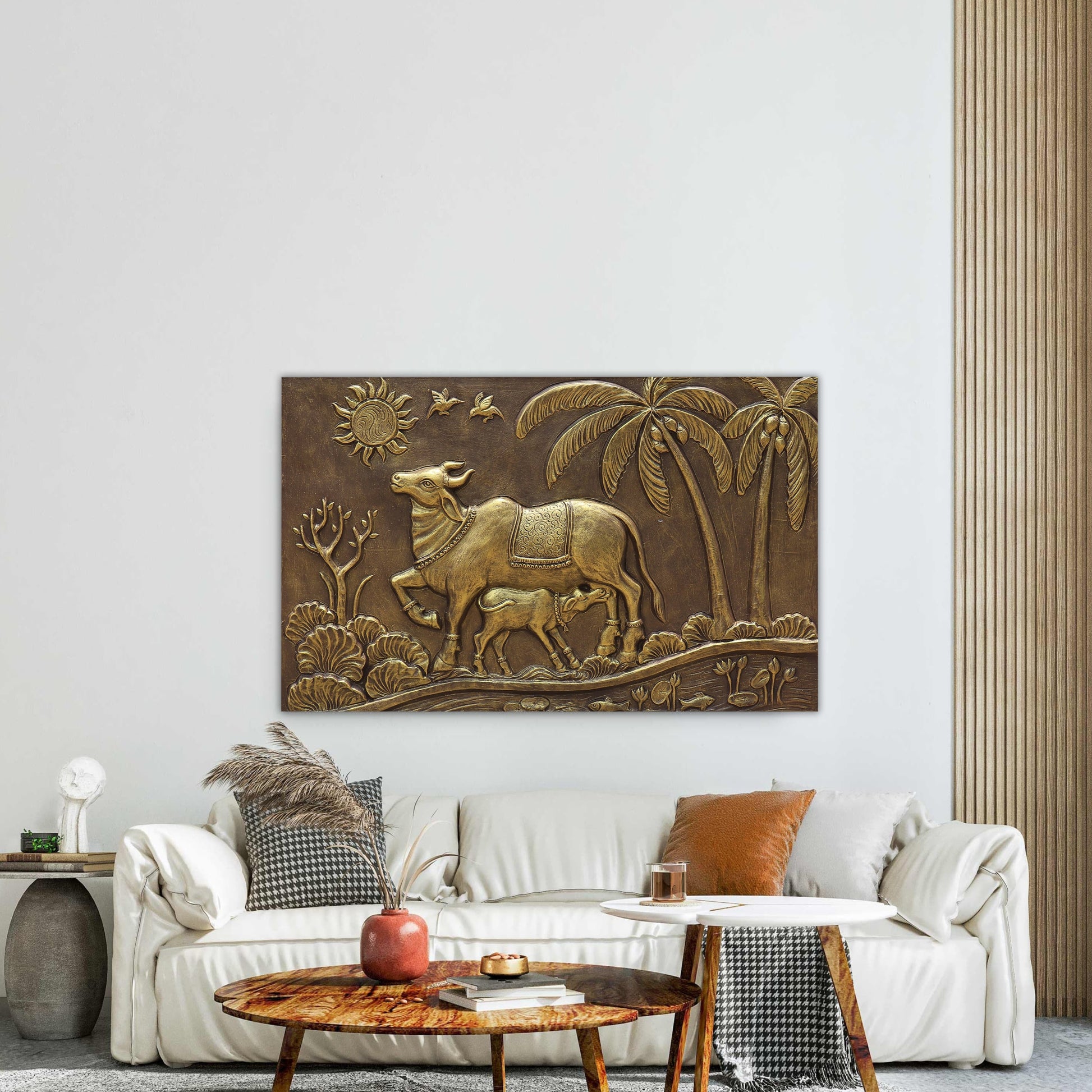 Kamdhenu Cow 3D Relief Wall Mural | 30x48 inch | Ready-to-Hang Vastu Cow Wall Art for Home & Office