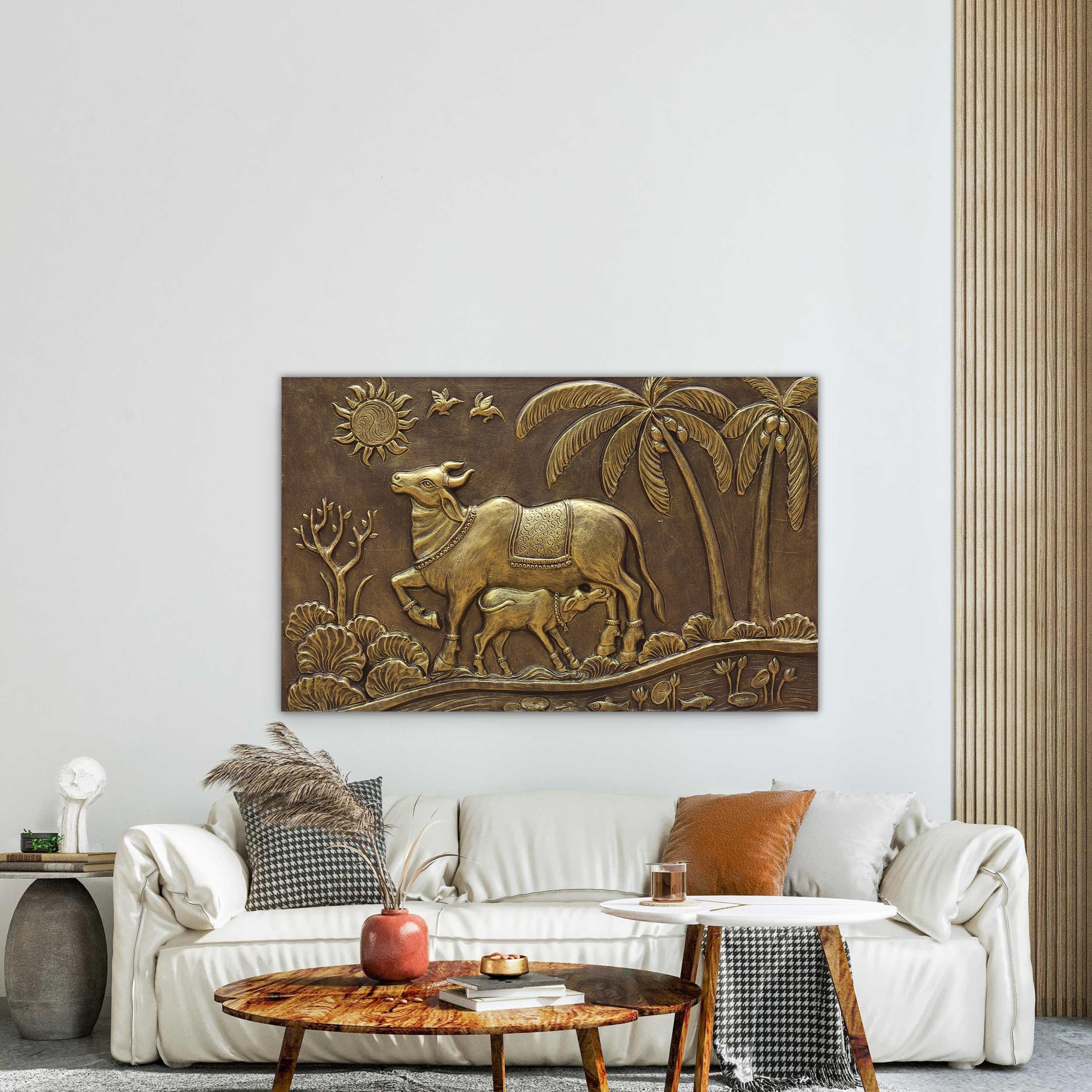 Kamdhenu Cow 3D Relief Wall Mural | 30x48 inch | Ready-to-Hang Vastu Cow Wall Art for Home & Office