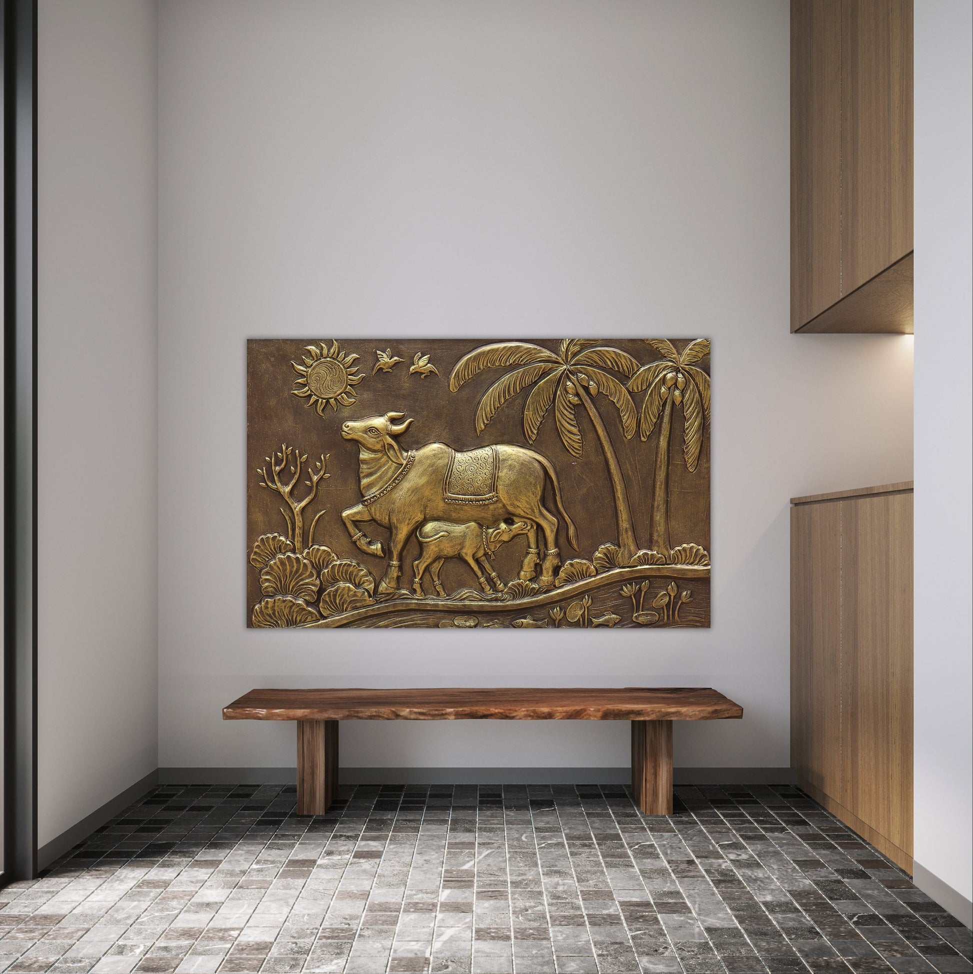 Kamdhenu Cow 3D Relief Wall Mural | 30x48 inch | Ready-to-Hang Vastu Cow Wall Art for Home & Office
