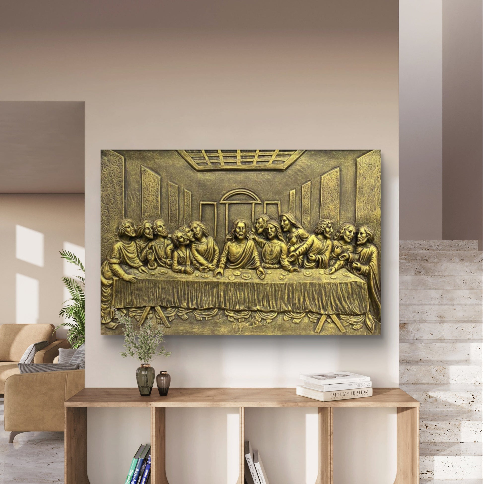 2x3 Feet | The Last Supper Relief Wall Mural | 3D Jesus & Disciples Artwork | Christian Wall Décor | Ready to Hang