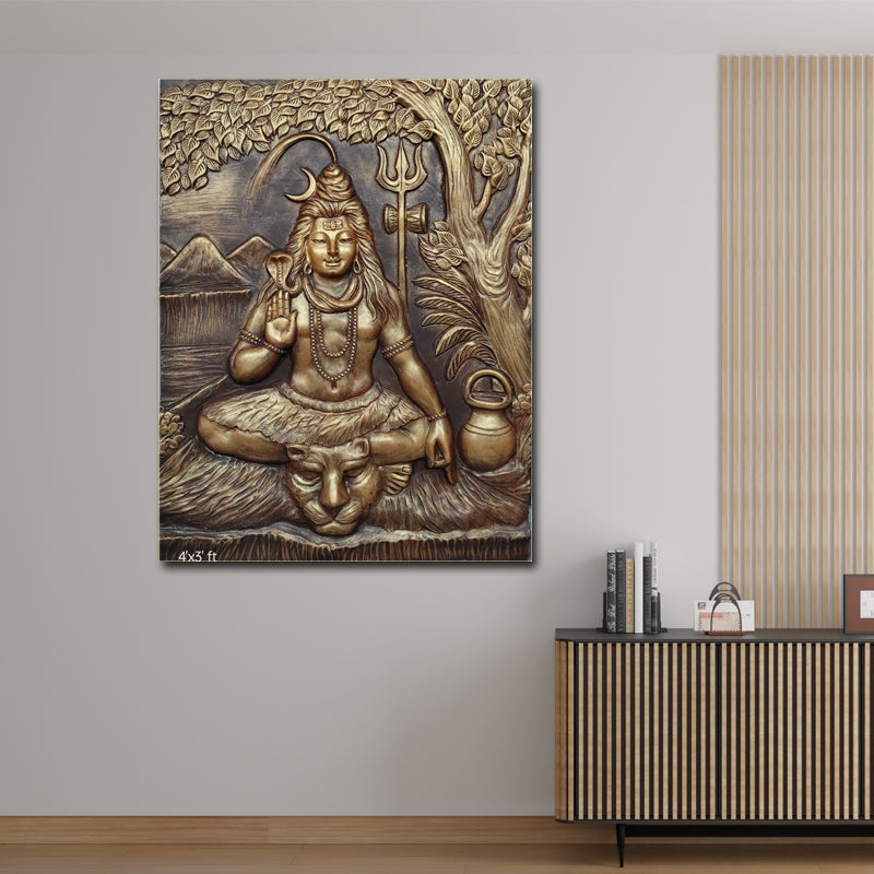 Lord Shiva Mahadev 3D Mural Wall Art – 4x3 Feet | High Relief | Available in Golden & Bronze