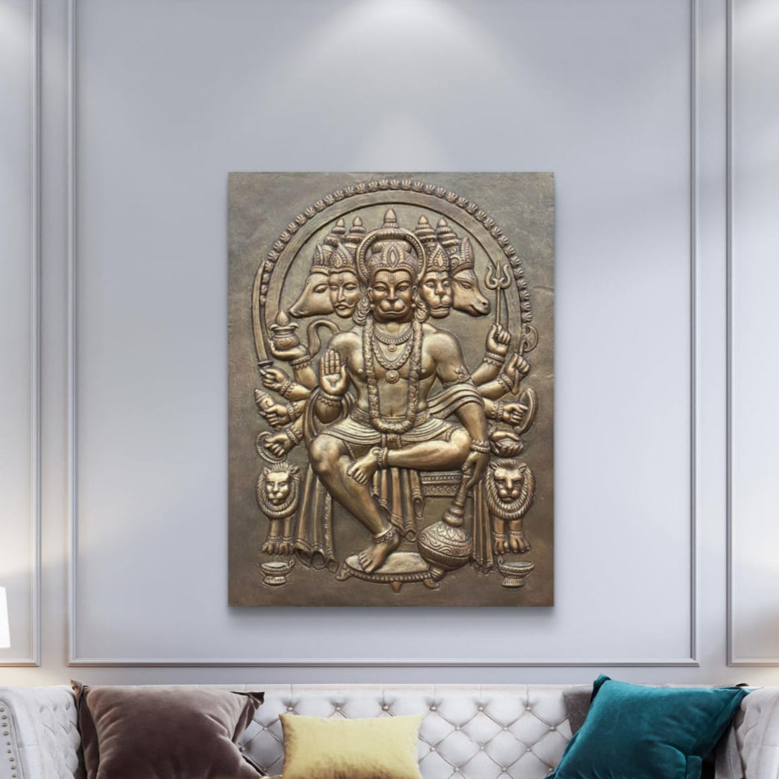 Panchmukhi Hanuman 3D Relief Mural | Divine Wall Decor | Ready to Hang