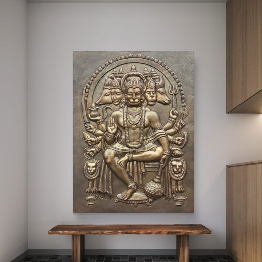 Panchmukhi Hanuman 3D Relief Mural | Divine Wall Decor | Ready to Hang