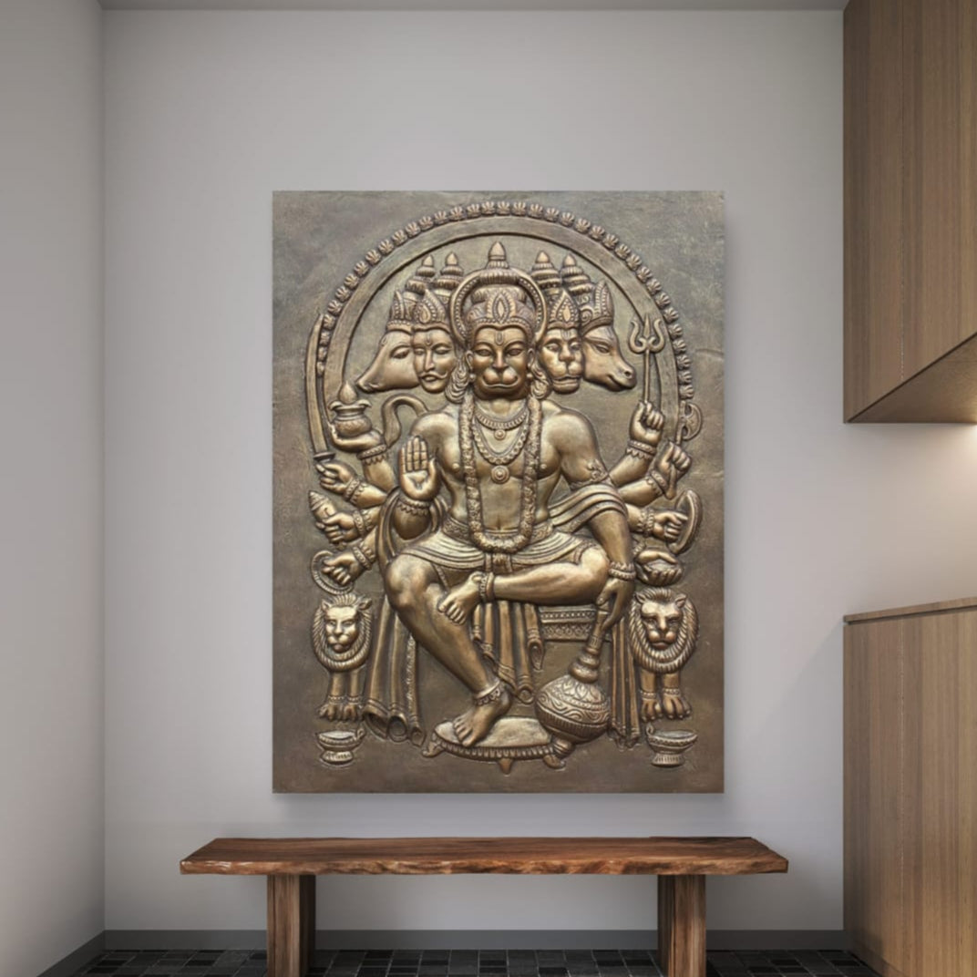Panchmukhi Hanuman 3D Relief Mural | Divine Wall Decor | Ready to Hang