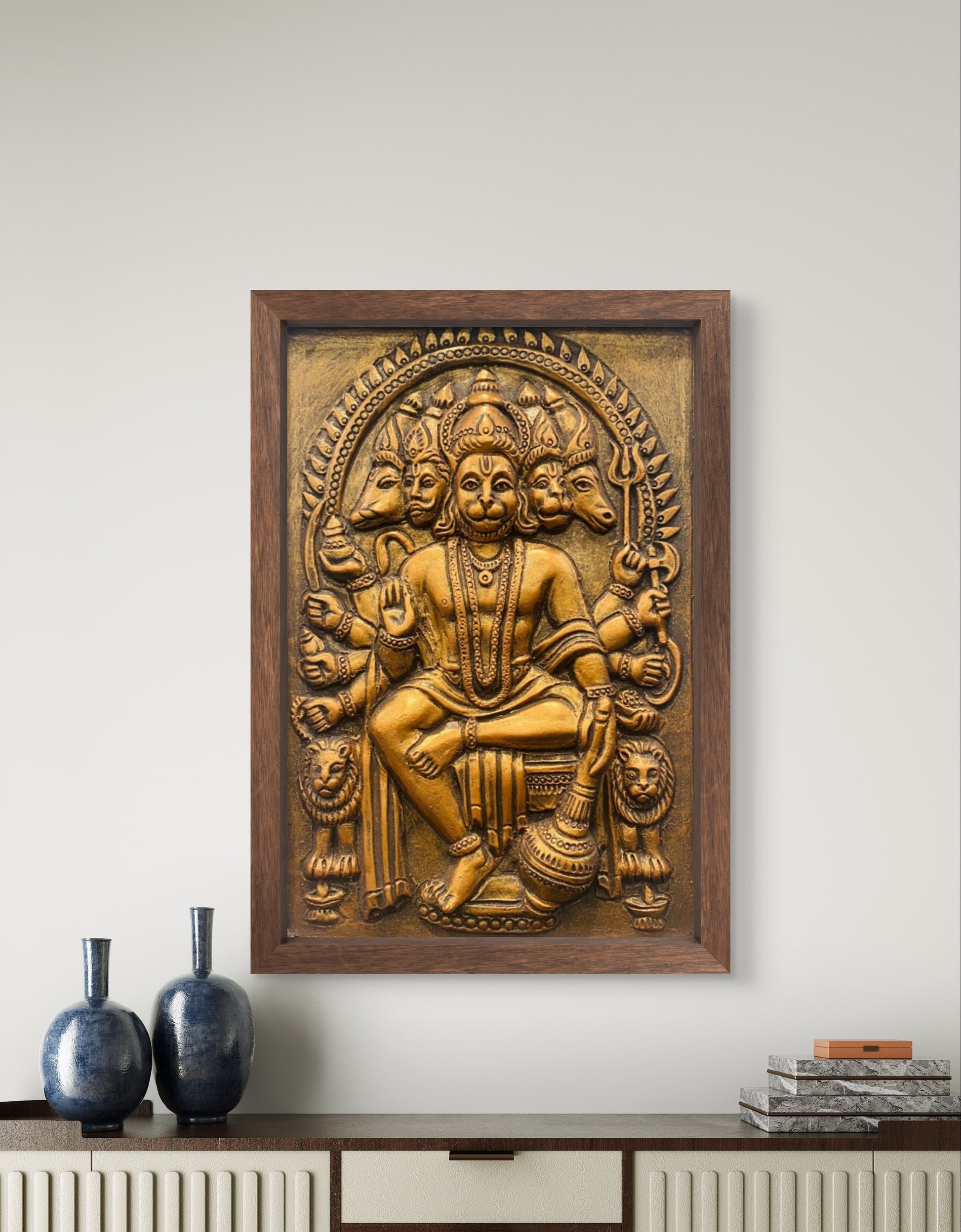 18x12 Inch Panchmukhi Hanuman 3D Relief Mural | Divine Wall Decor | Ready to Hang
