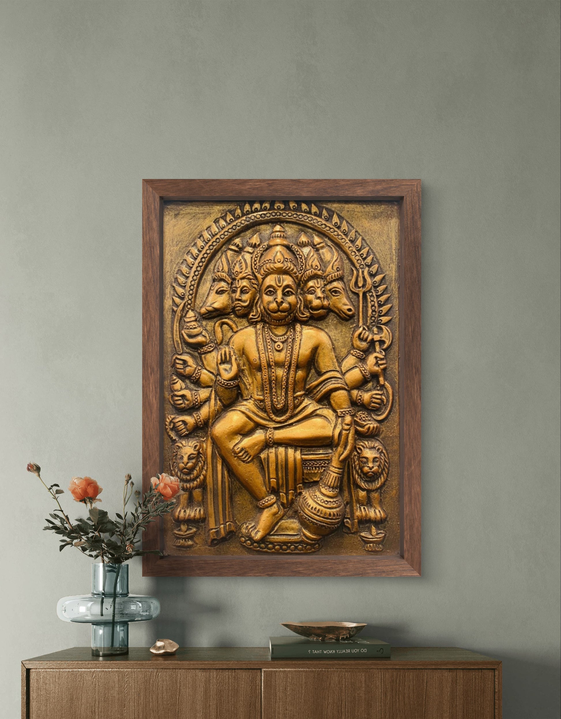 18x12 Inch Panchmukhi Hanuman 3D Relief Mural | Divine Wall Decor | Ready to Hang
