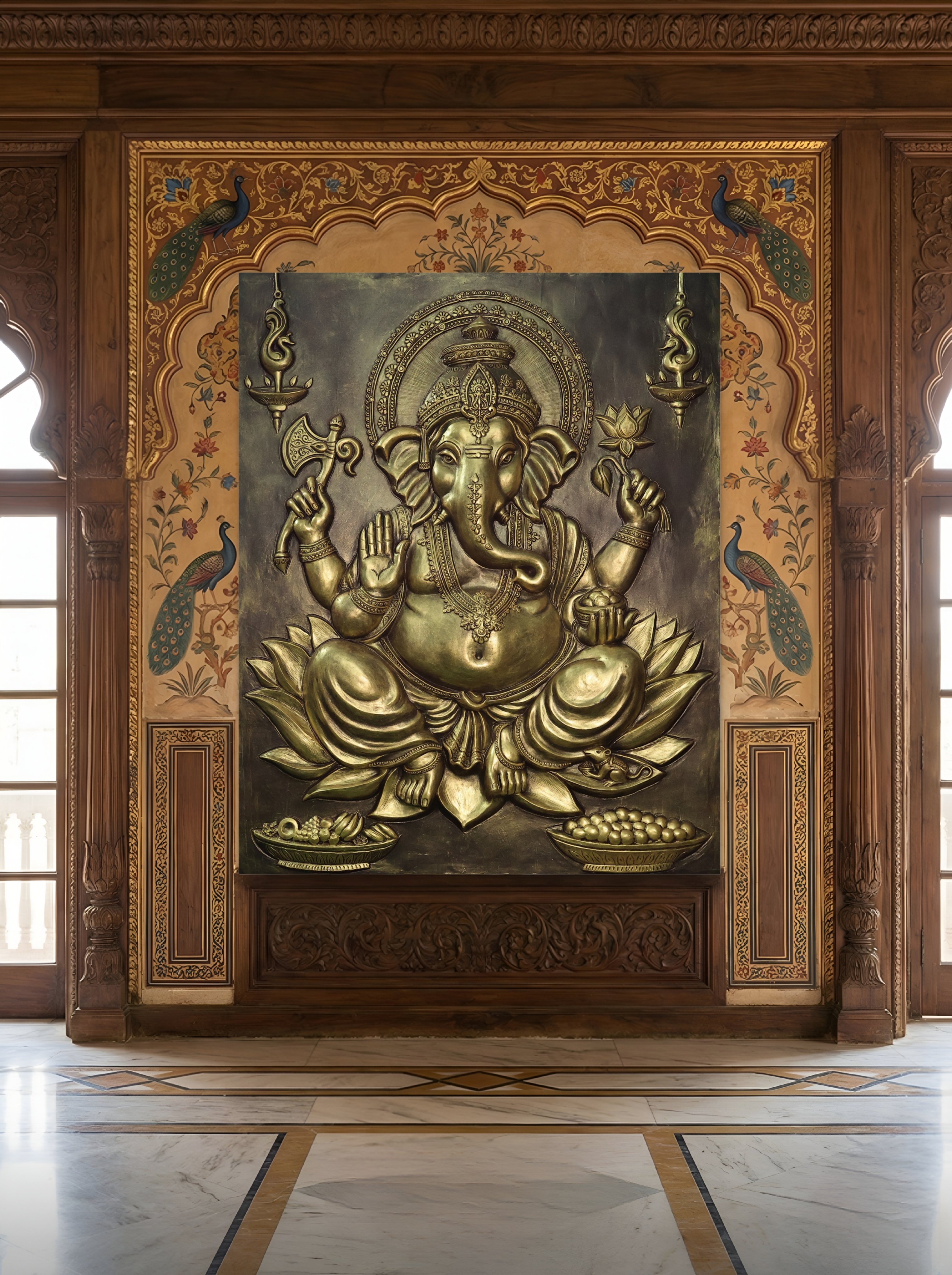 Ganesha Sitting on Lotus 3D Relief Mural – 5x4 Feet