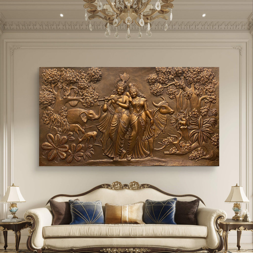 7x4 Feet | Handcrafted Radha Krishna 3D Relief Wall Mural | Divine Wall Art | Large Spiritual Décor
